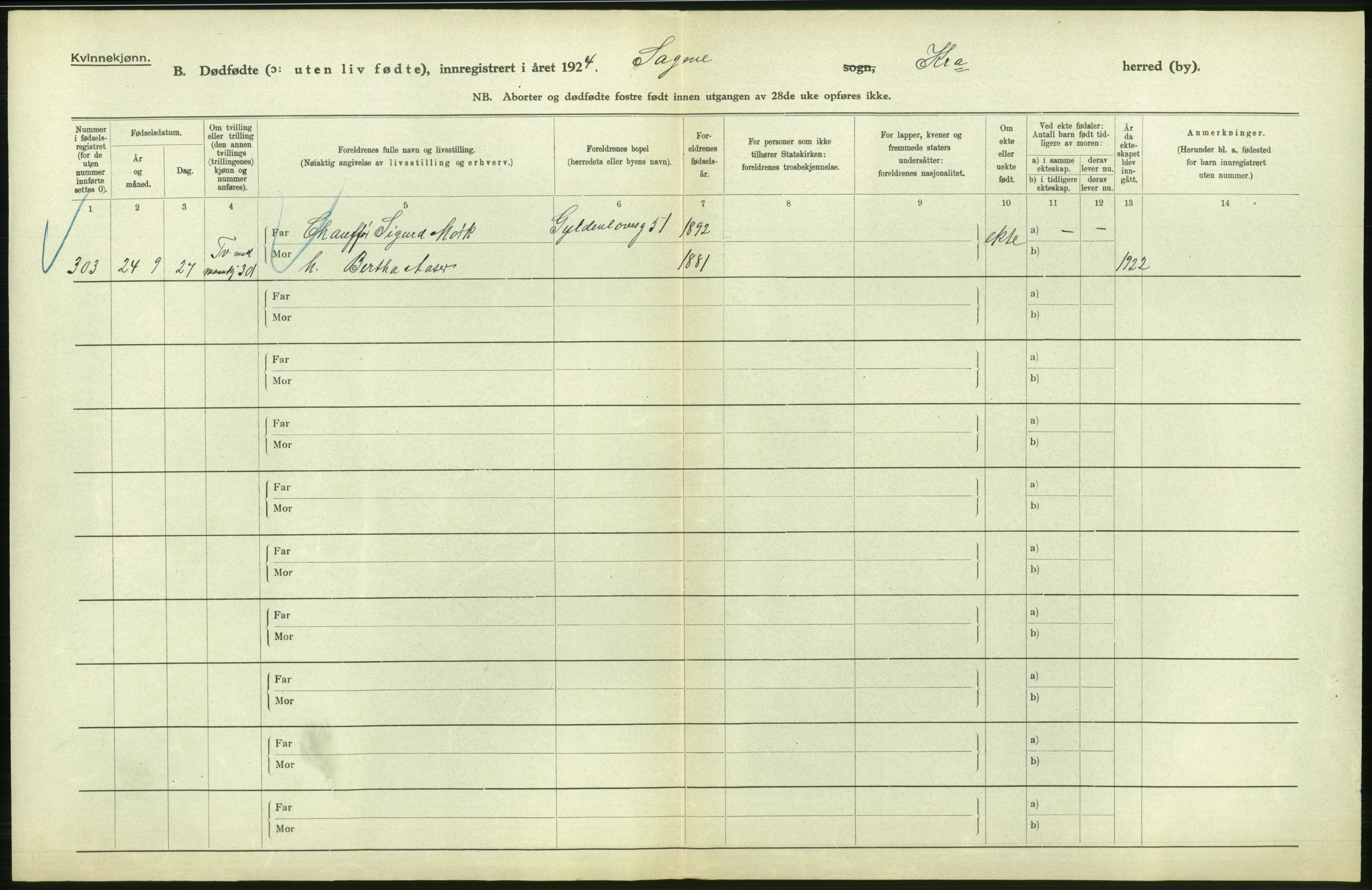 Statistisk sentralbyrå, Sosiodemografiske emner, Befolkning, AV/RA-S-2228/D/Df/Dfc/Dfcd/L0009: Kristiania: Døde kvinner, dødfødte, 1924, p. 714