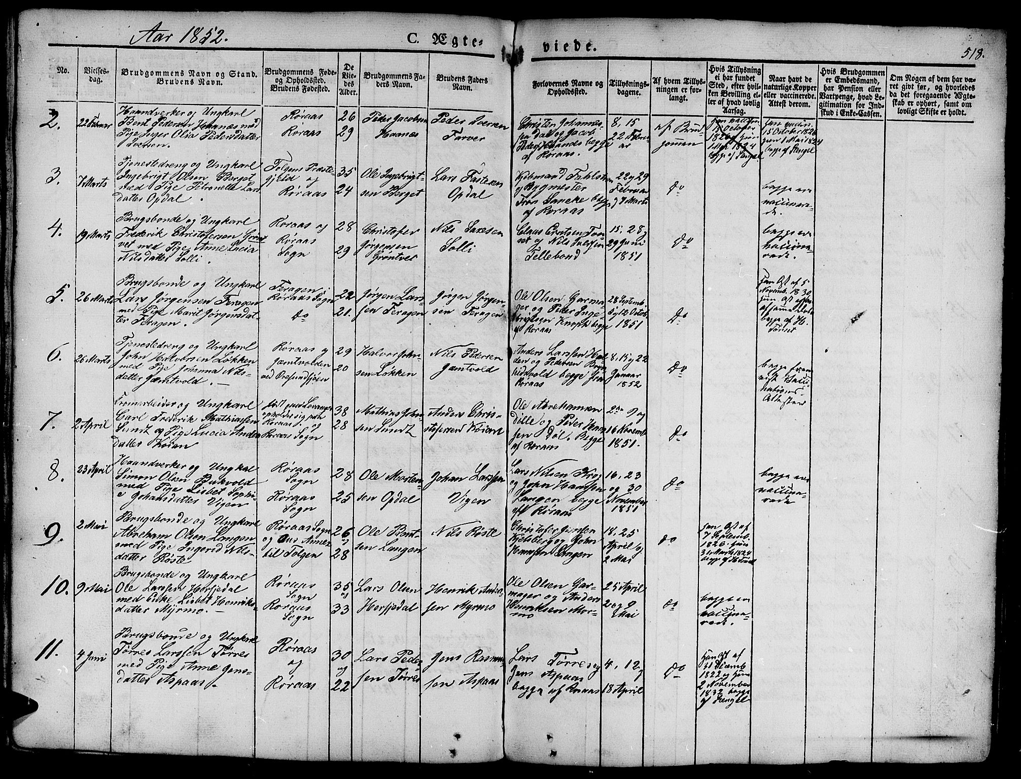 Ministerialprotokoller, klokkerbøker og fødselsregistre - Sør-Trøndelag, SAT/A-1456/681/L0939: Parish register (copy) no. 681C03, 1829-1855, p. 518