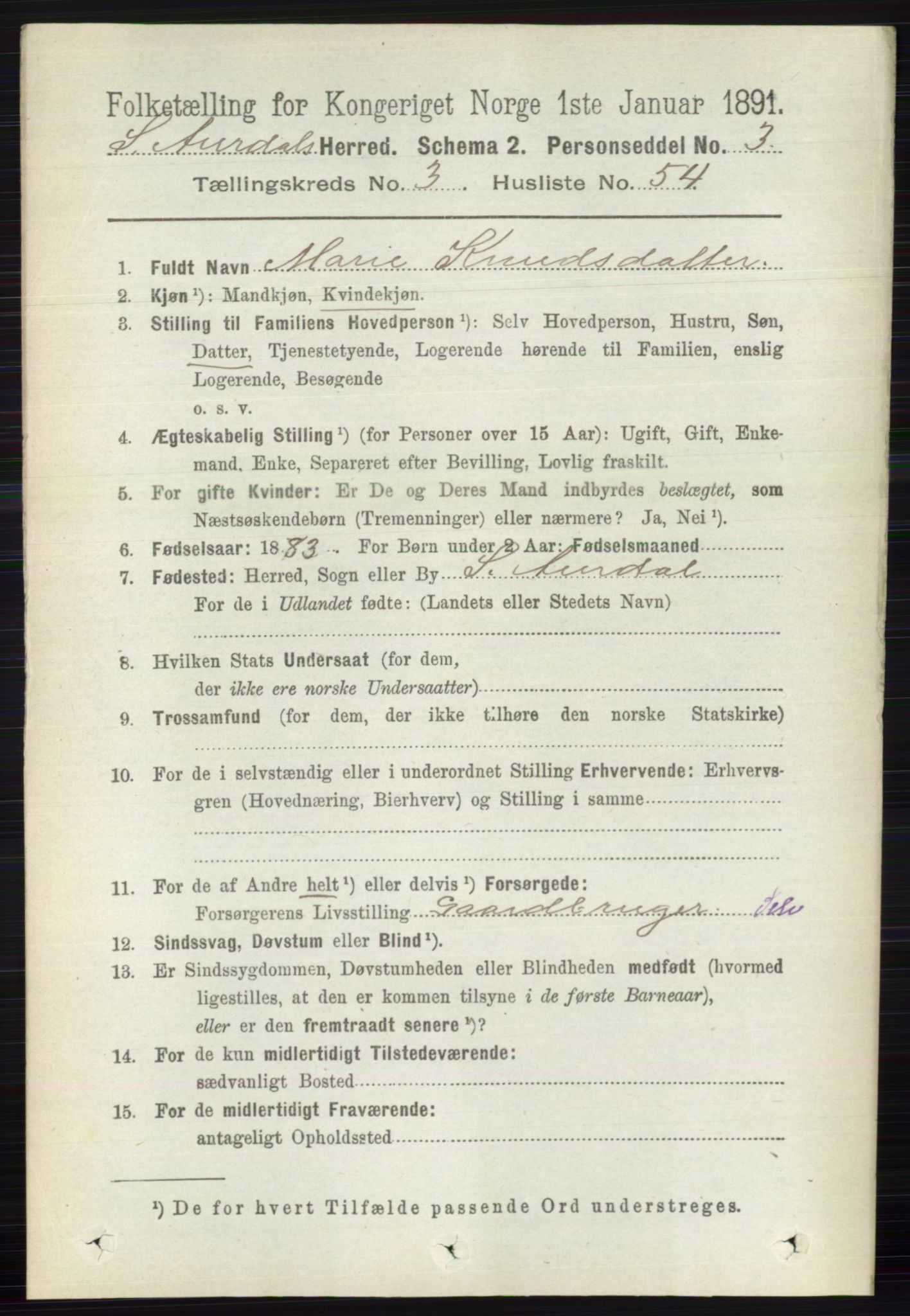 RA, 1891 census for 0540 Sør-Aurdal, 1891, p. 2008