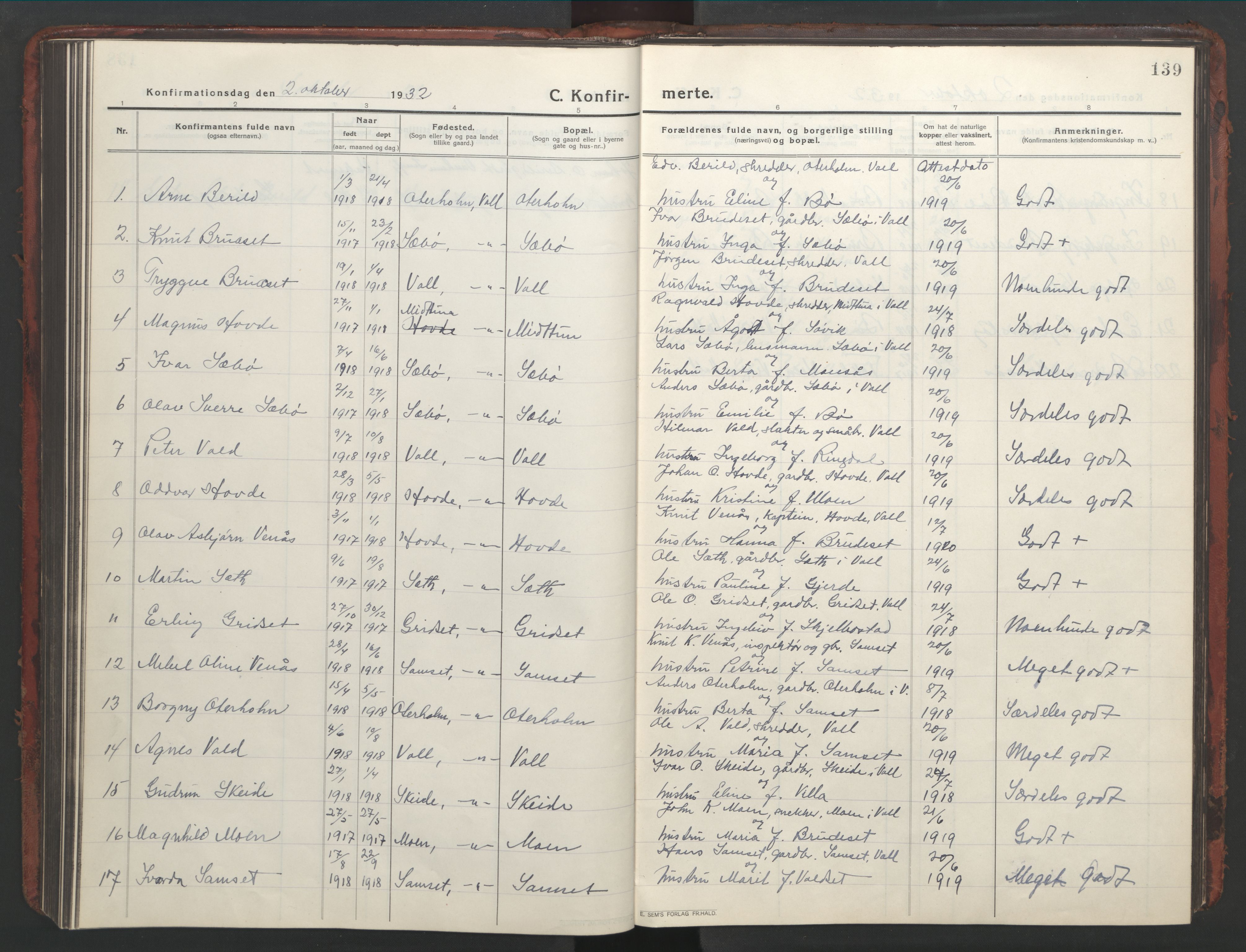 Ministerialprotokoller, klokkerbøker og fødselsregistre - Møre og Romsdal, AV/SAT-A-1454/543/L0565: Parish register (copy) no. 543C03, 1916-1955, p. 139