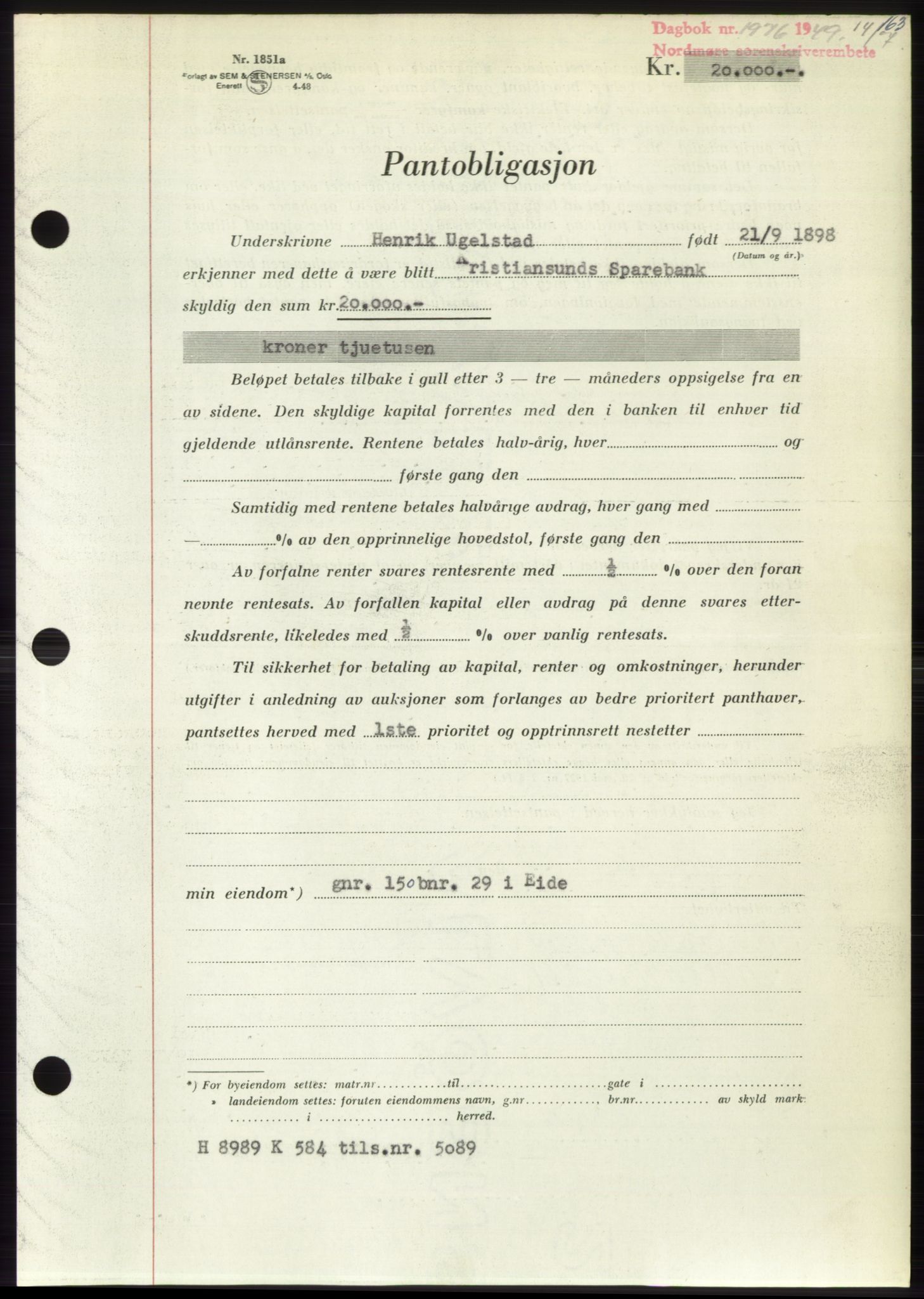 Nordmøre sorenskriveri, AV/SAT-A-4132/1/2/2Ca: Mortgage book no. B102, 1949-1949, Diary no: : 1976/1949