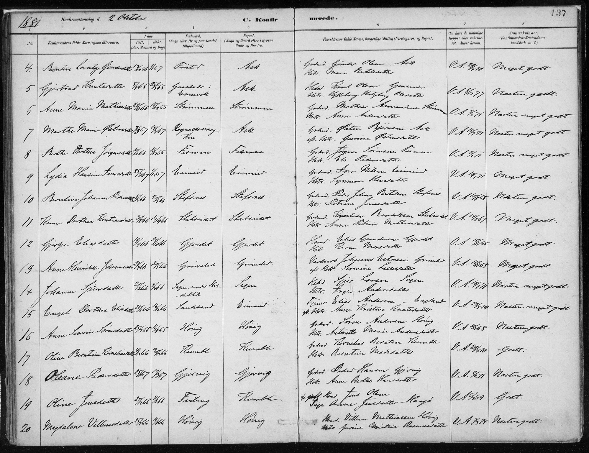 Askvoll sokneprestembete, AV/SAB-A-79501/H/Haa/Haab/L0002: Parish register (official) no. B 2, 1879-1909, p. 137