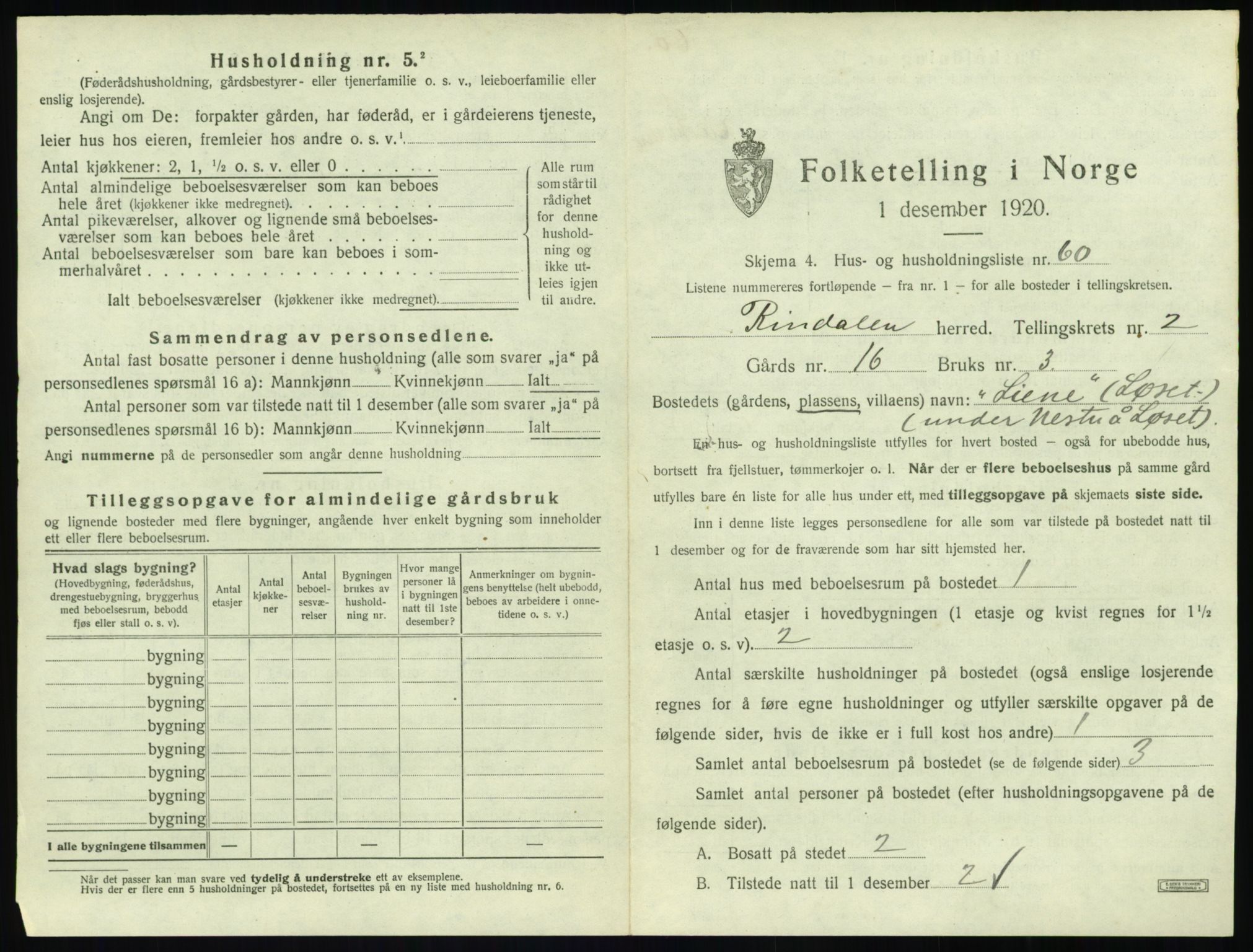 SAT, 1920 census for Rindal, 1920, p. 182