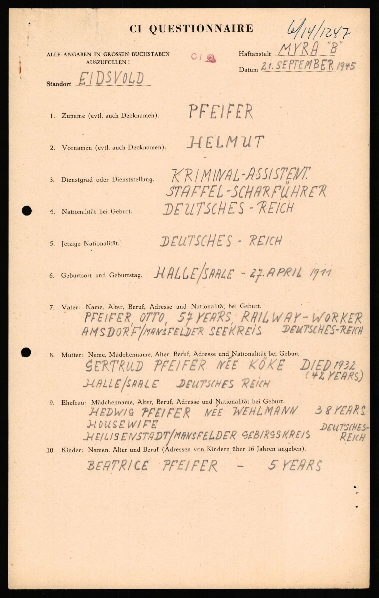 Forsvaret, Forsvarets overkommando II, AV/RA-RAFA-3915/D/Db/L0026: CI Questionaires. Tyske okkupasjonsstyrker i Norge. Tyskere., 1945-1946, p. 111