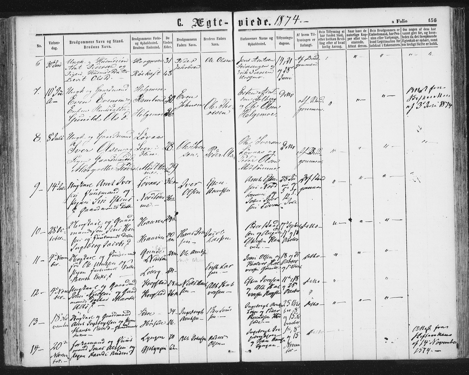 Ministerialprotokoller, klokkerbøker og fødselsregistre - Sør-Trøndelag, SAT/A-1456/692/L1104: Parish register (official) no. 692A04, 1862-1878, p. 156