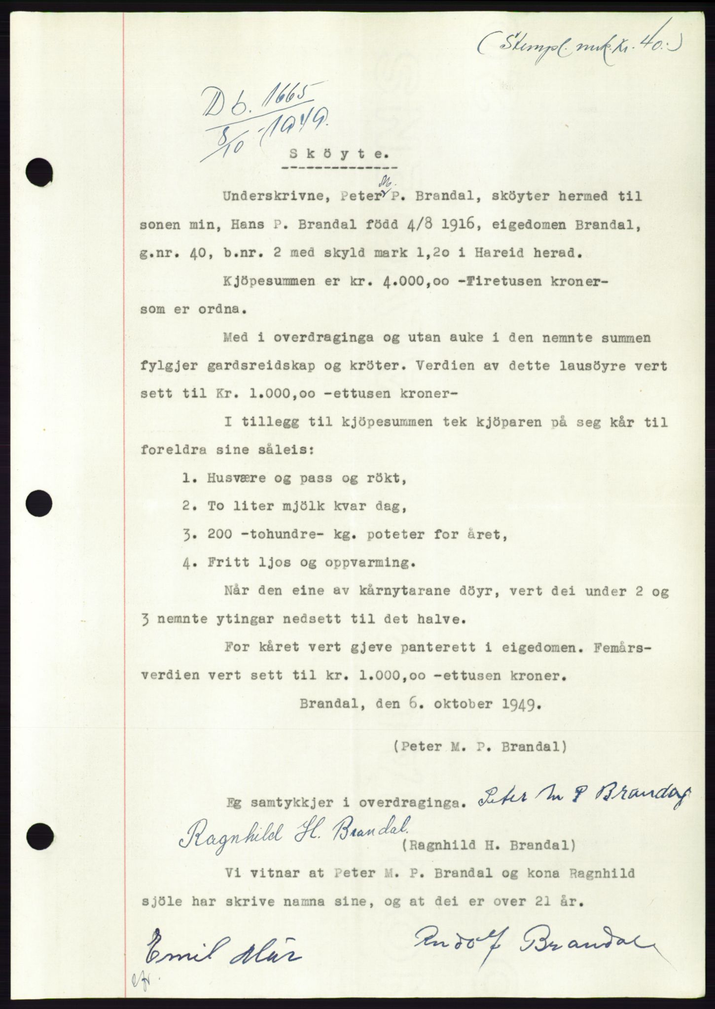 Søre Sunnmøre sorenskriveri, AV/SAT-A-4122/1/2/2C/L0085: Mortgage book no. 11A, 1949-1949, Diary no: : 1665/1949