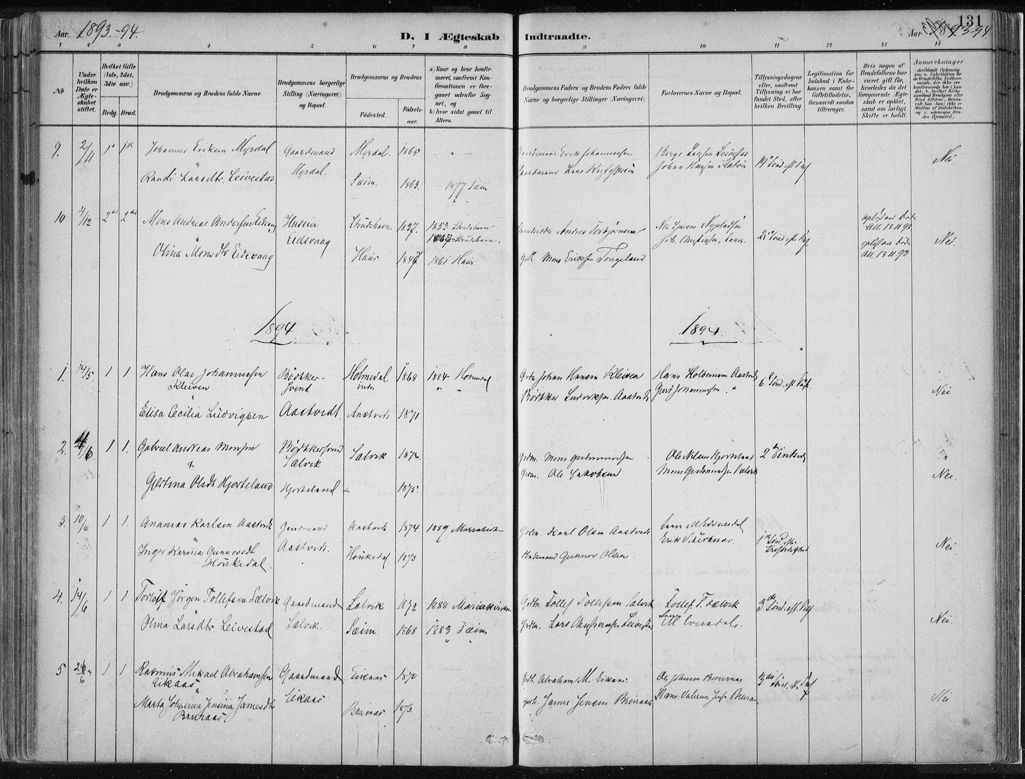 Hamre sokneprestembete, SAB/A-75501/H/Ha/Haa/Haad/L0001: Parish register (official) no. D  1, 1882-1906, p. 131