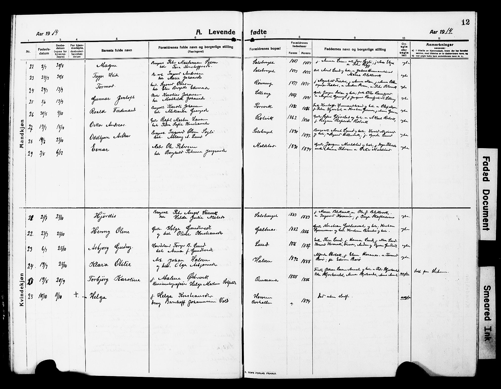 Ministerialprotokoller, klokkerbøker og fødselsregistre - Nord-Trøndelag, SAT/A-1458/780/L0653: Parish register (copy) no. 780C05, 1911-1927, p. 12