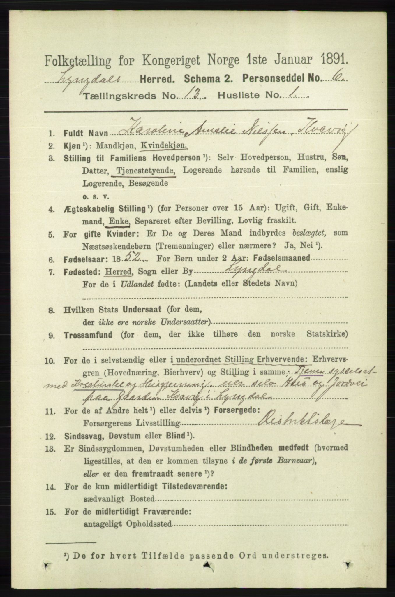 RA, 1891 census for 1032 Lyngdal, 1891, p. 5607