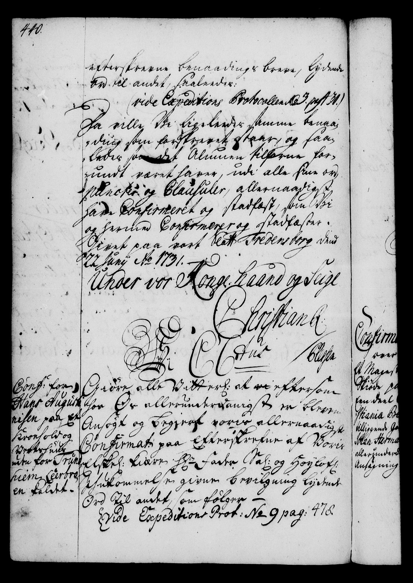 Rentekammeret, Kammerkanselliet, RA/EA-3111/G/Gg/Gga/L0003: Norsk ekspedisjonsprotokoll med register (merket RK 53.3), 1727-1734, p. 440