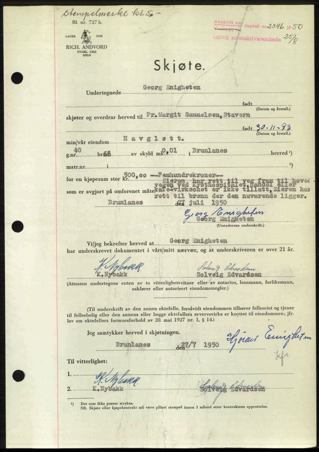 Larvik sorenskriveri, AV/SAKO-A-83/G/Ga/Gab/L0092: Mortgage book no. A-26, 1950-1950, Diary no: : 2346/1950