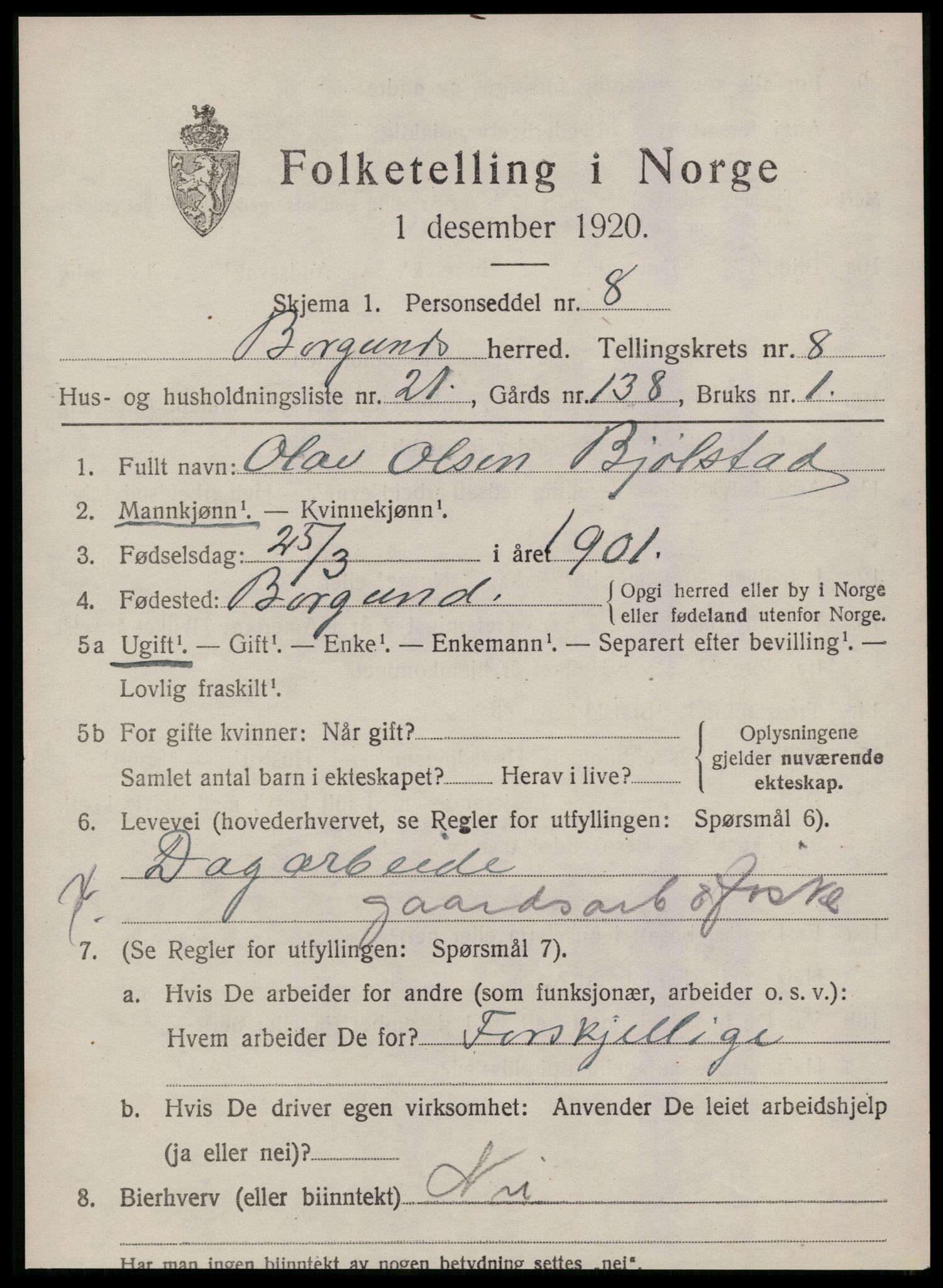 SAT, 1920 census for Borgund, 1920, p. 7584