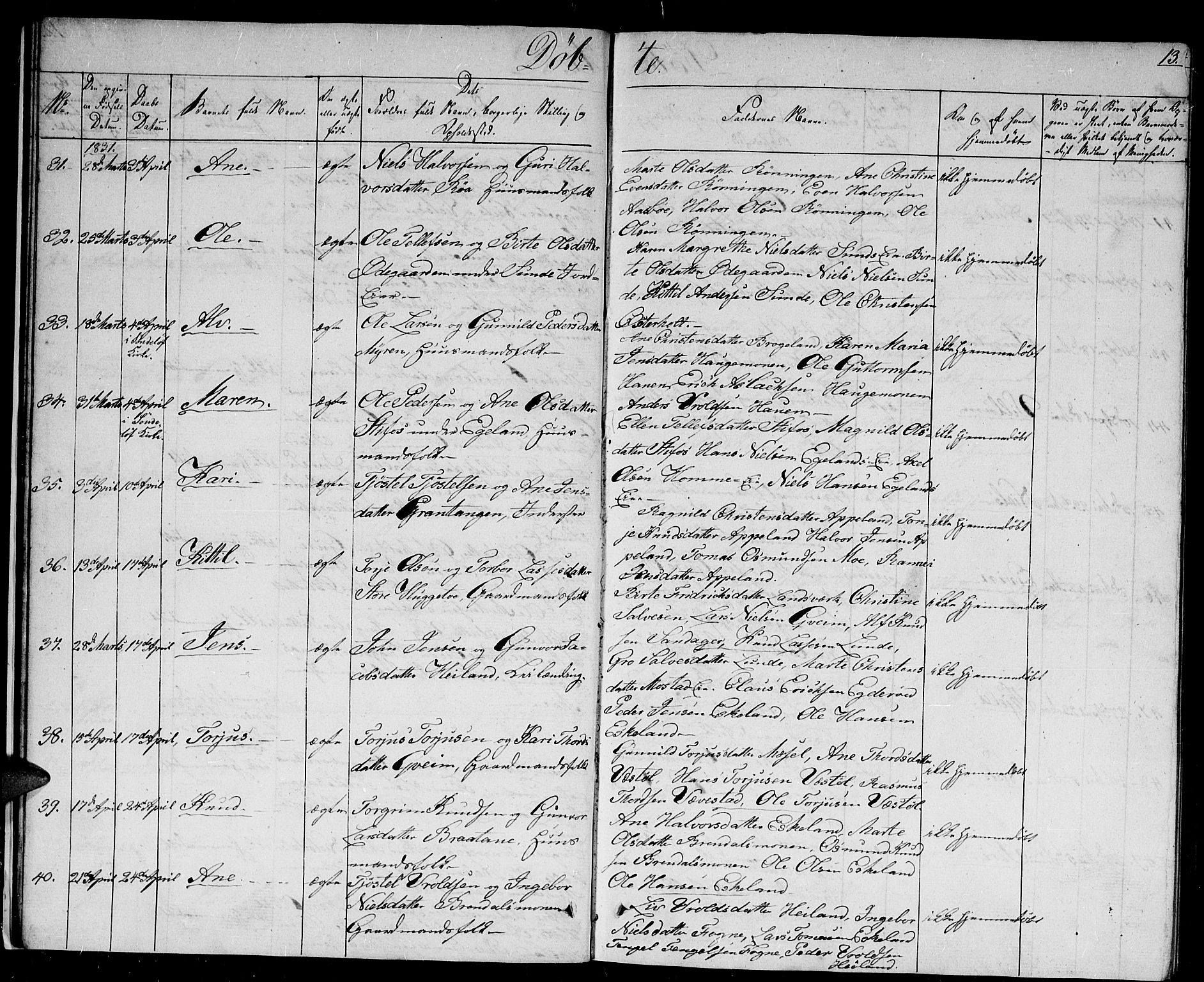 Gjerstad sokneprestkontor, AV/SAK-1111-0014/F/Fb/Fba/L0003: Parish register (copy) no. B 3, 1829-1844, p. 13