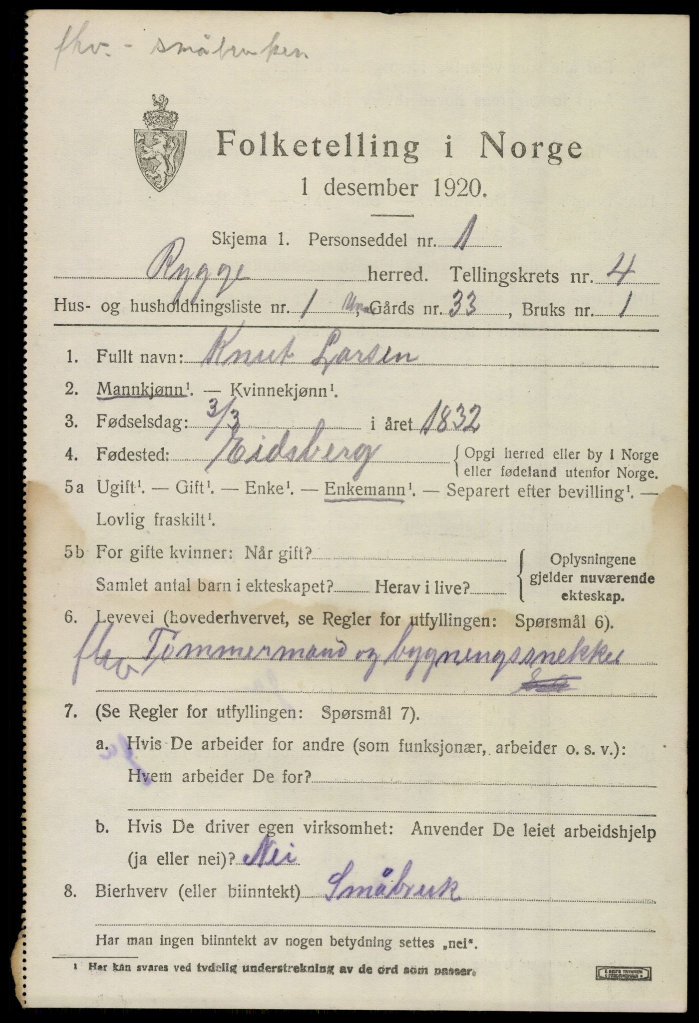 SAO, 1920 census for Rygge, 1920, p. 8825