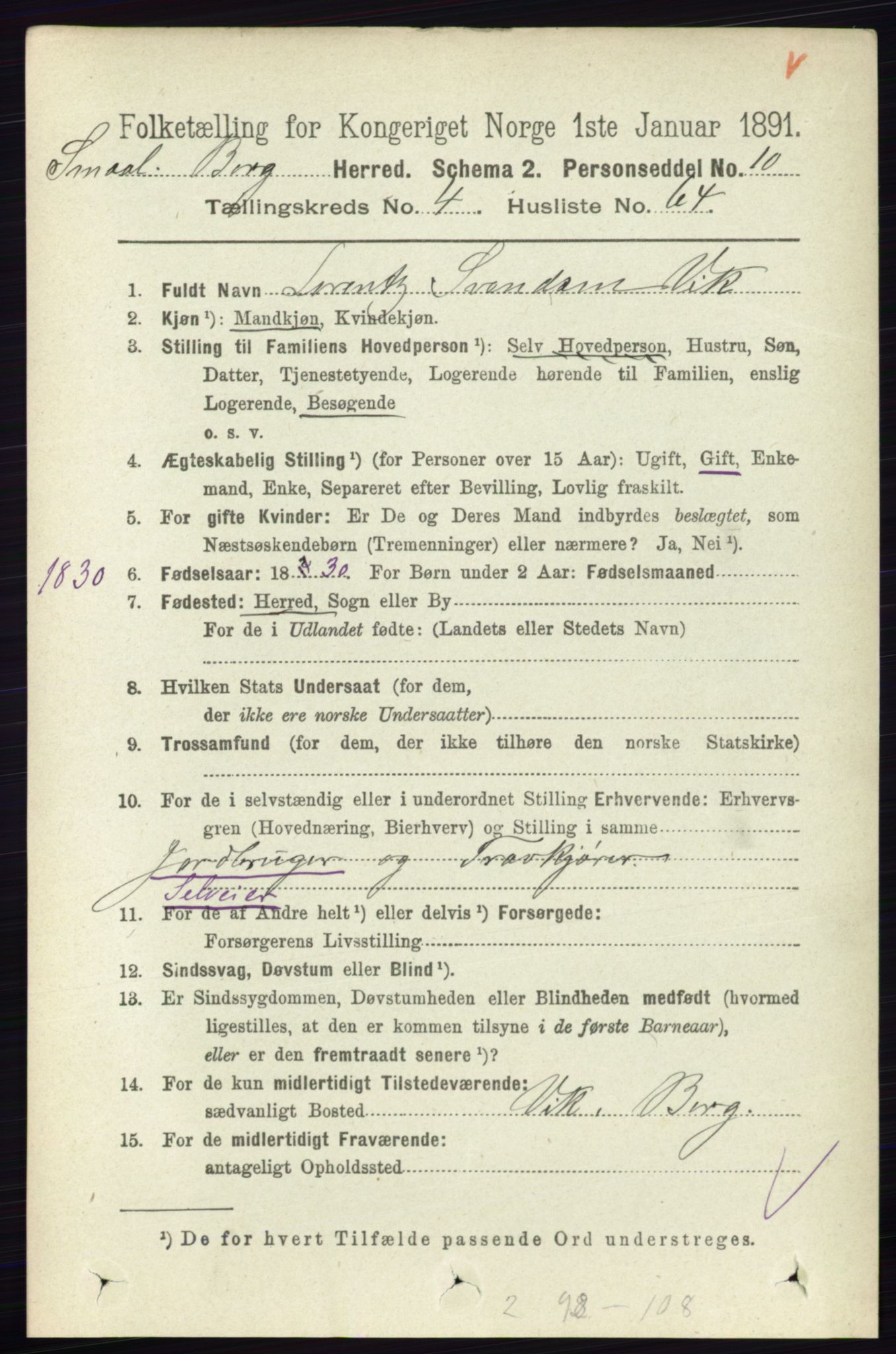 RA, 1891 census for 0116 Berg, 1891, p. 3212