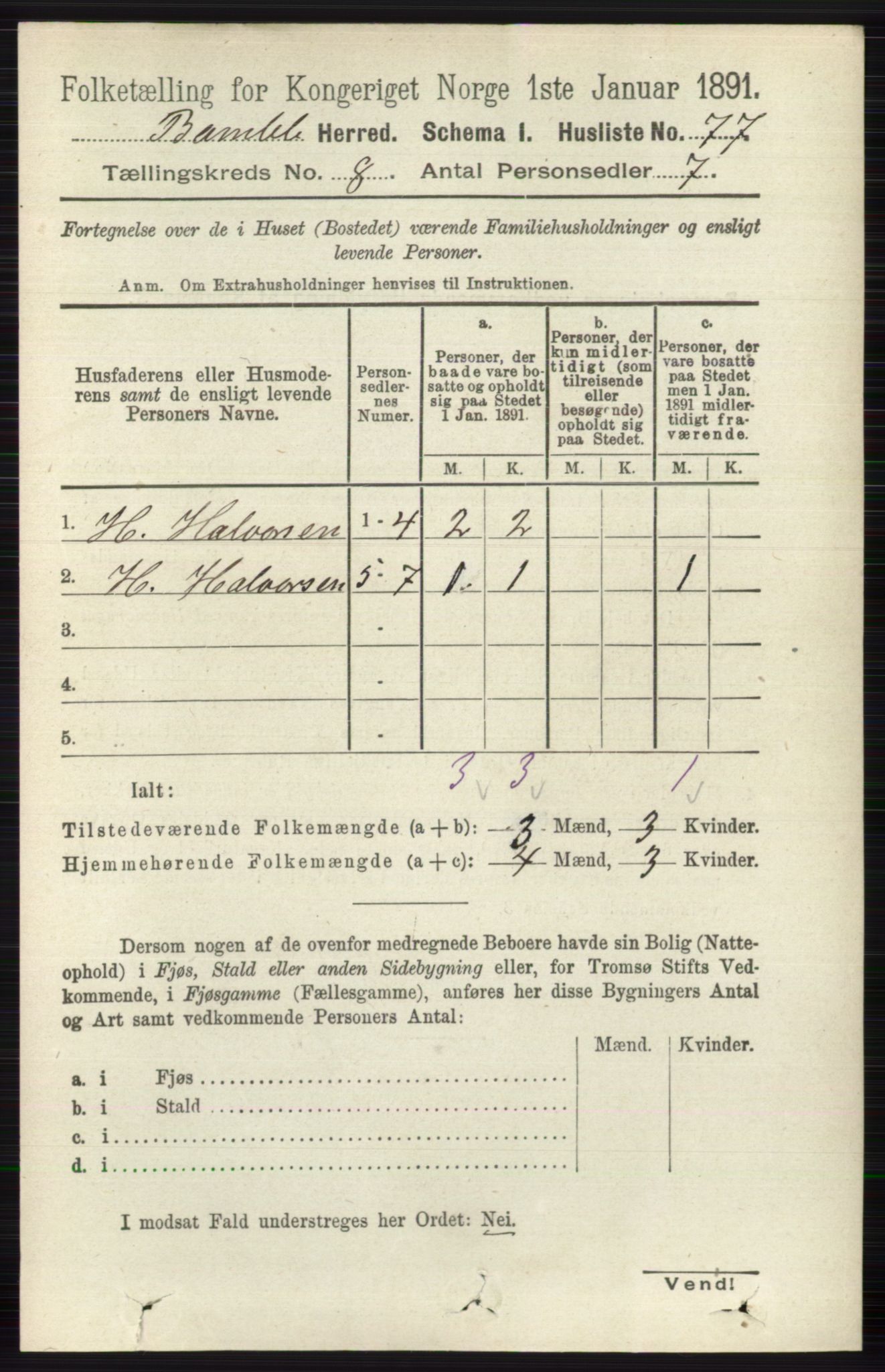 RA, 1891 census for 0814 Bamble, 1891, p. 3492