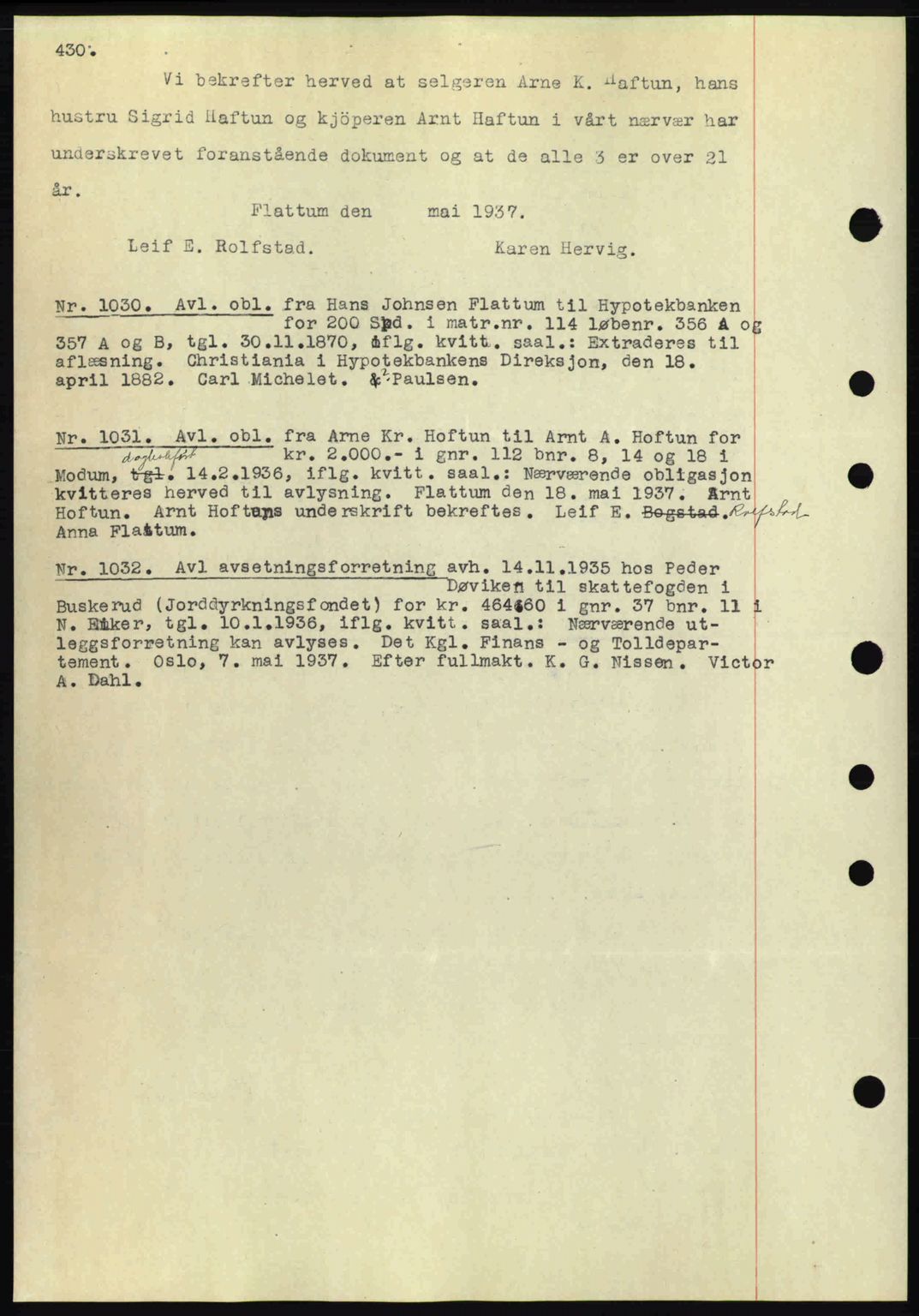 Eiker, Modum og Sigdal sorenskriveri, SAKO/A-123/G/Ga/Gab/L0035: Mortgage book no. A5, 1937-1937, Diary no: : 1030/1937