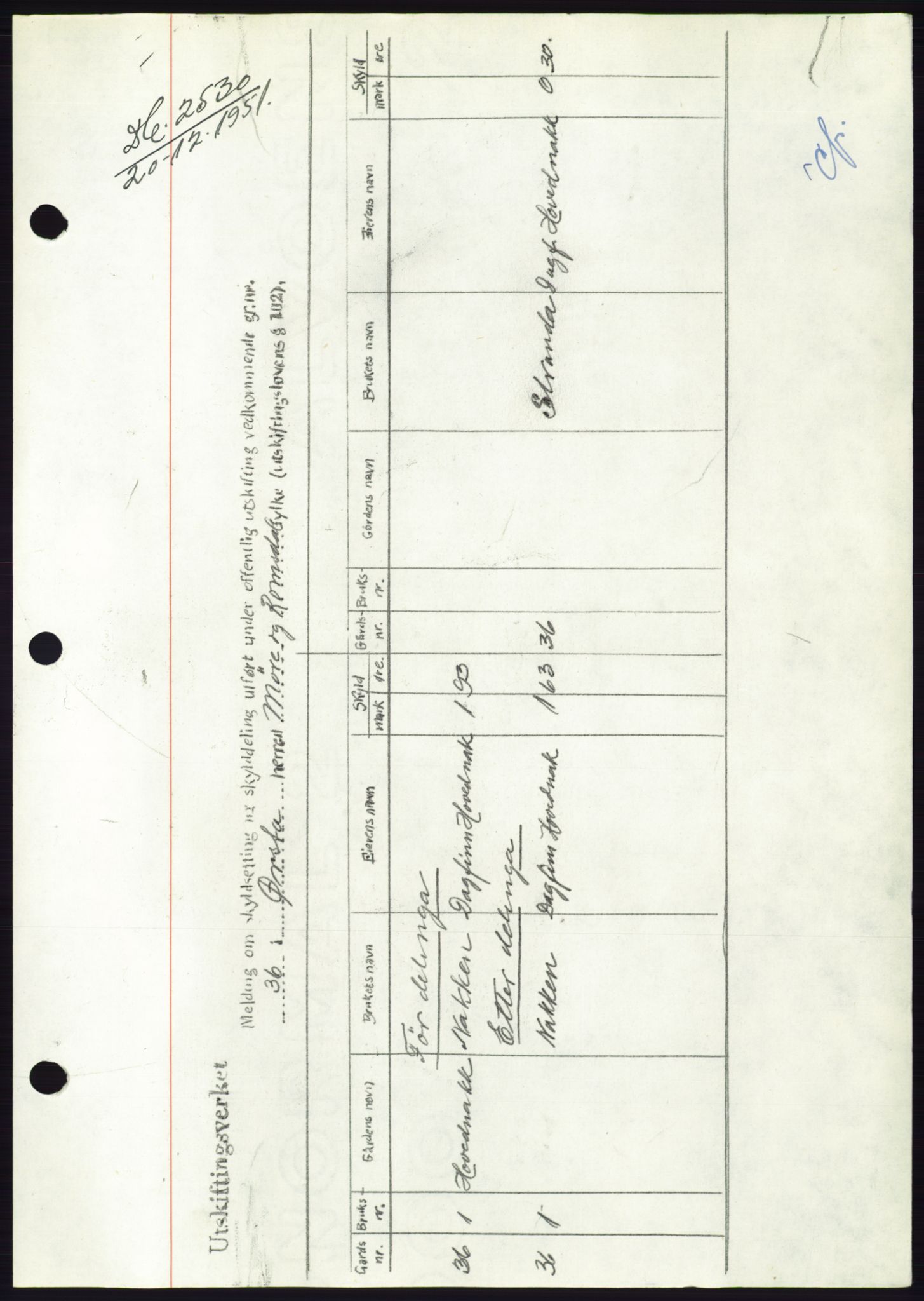 Søre Sunnmøre sorenskriveri, AV/SAT-A-4122/1/2/2C/L0090: Mortgage book no. 16A, 1951-1951, Diary no: : 2530/1951