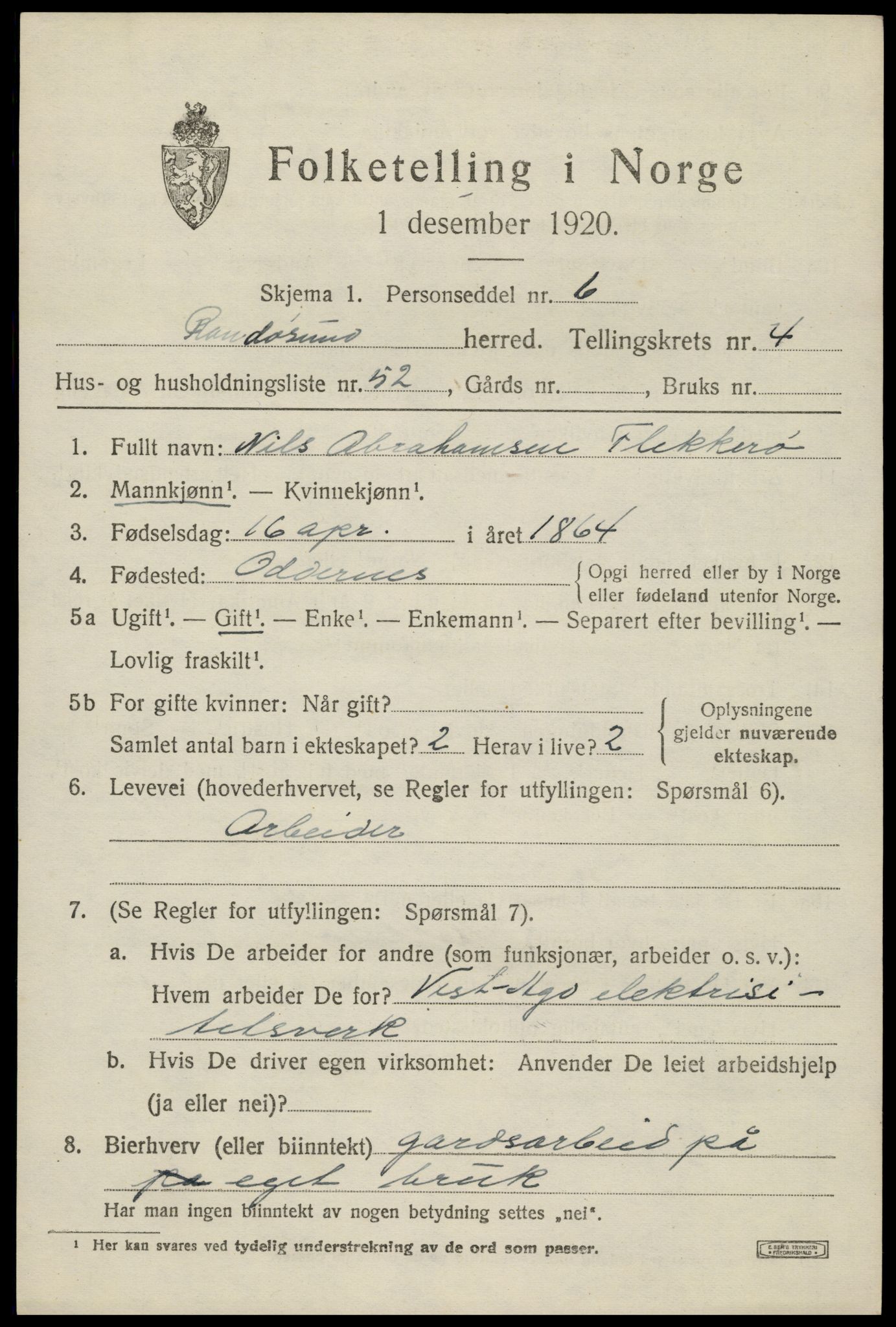 SAK, 1920 census for Randesund, 1920, p. 2310