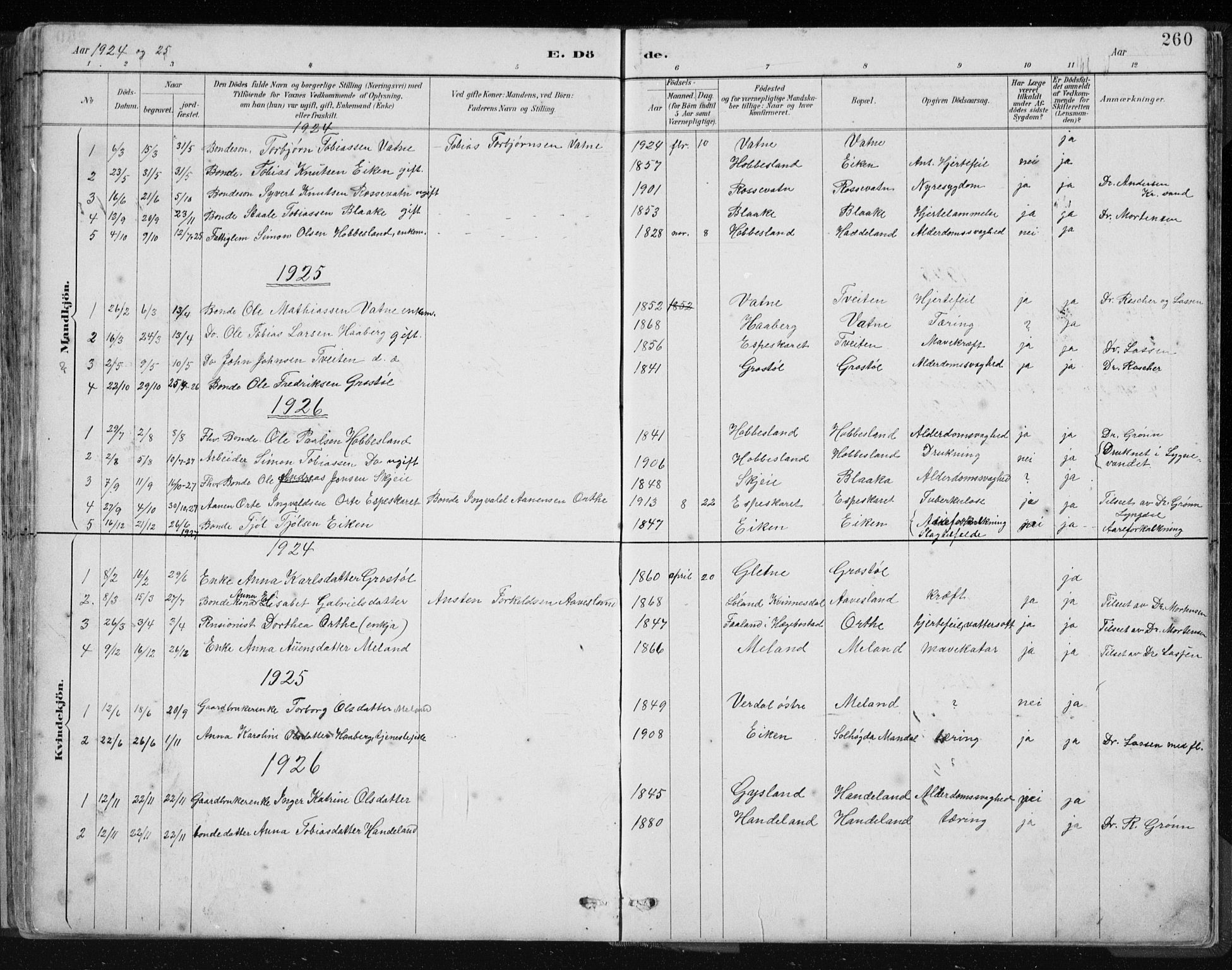 Hægebostad sokneprestkontor, AV/SAK-1111-0024/F/Fb/Fbb/L0003: Parish register (copy) no. B 3, 1887-1937, p. 260