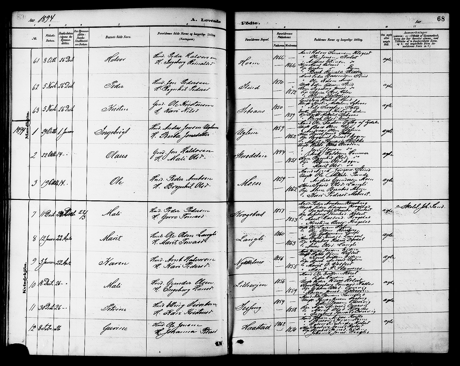 Ministerialprotokoller, klokkerbøker og fødselsregistre - Sør-Trøndelag, SAT/A-1456/695/L1157: Parish register (copy) no. 695C08, 1889-1913, p. 68
