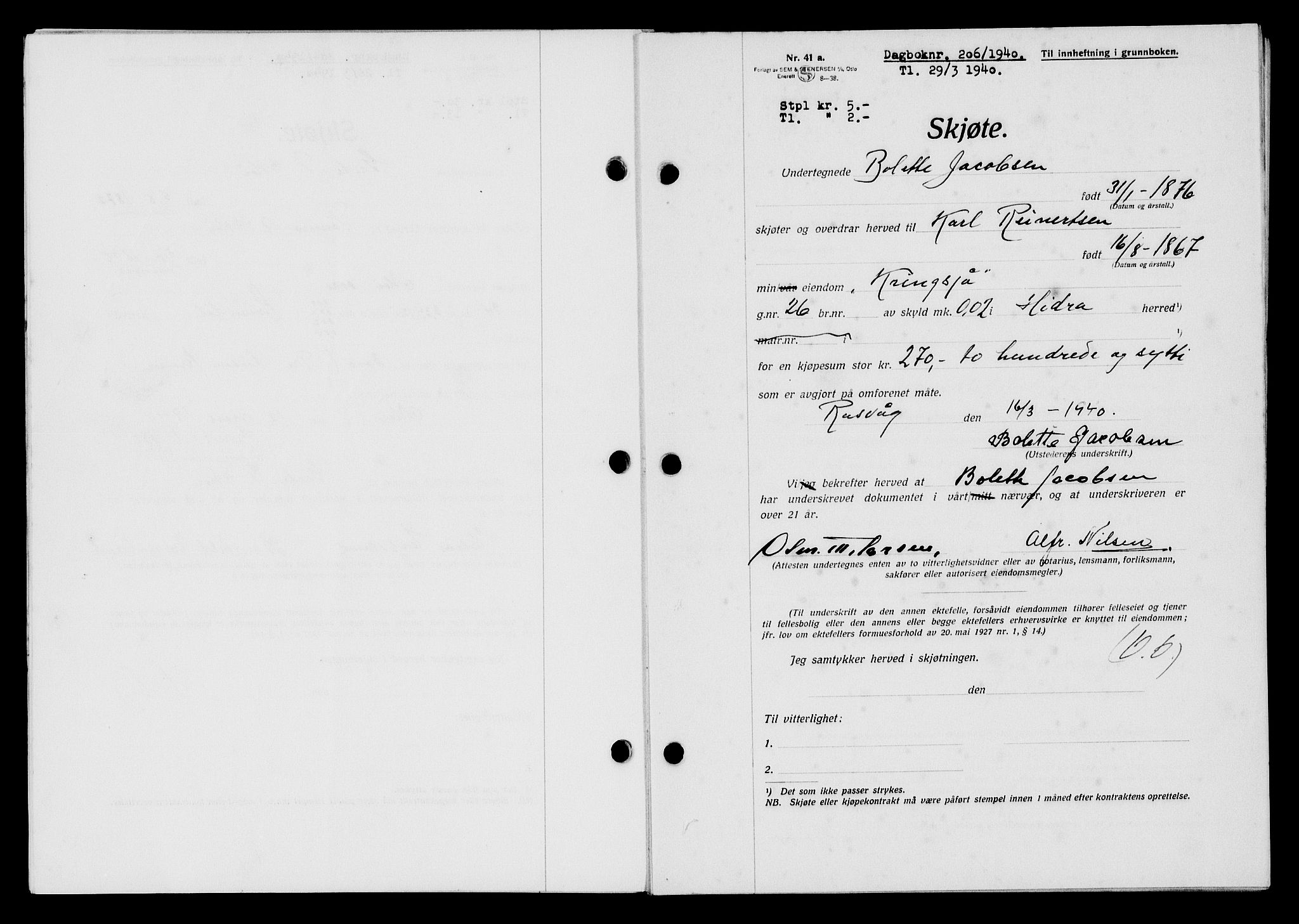 Flekkefjord sorenskriveri, AV/SAK-1221-0001/G/Gb/Gba/L0056: Mortgage book no. A-4, 1940-1941, Diary no: : 206/1940