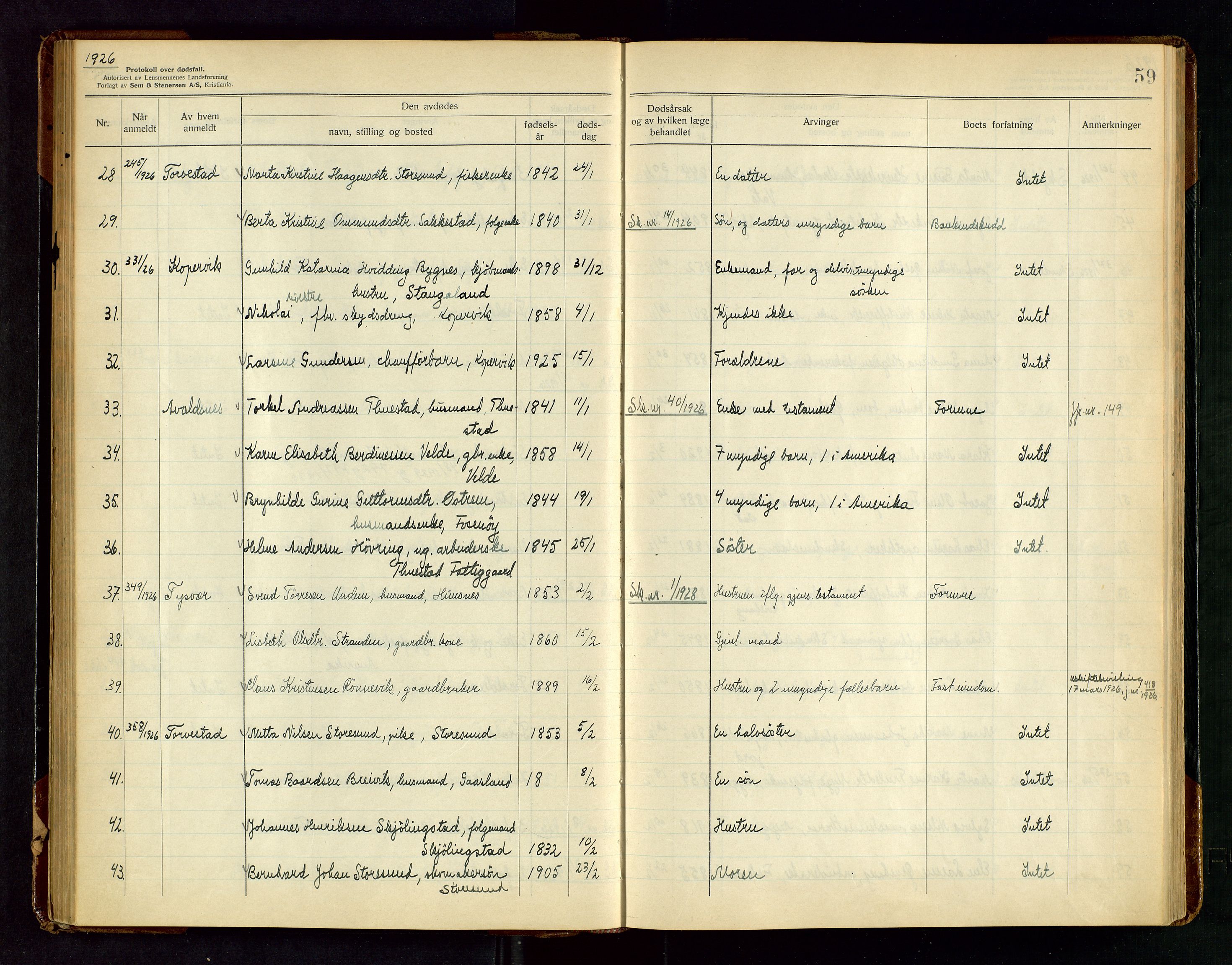 Karmsund sorenskriveri, AV/SAST-A-100311/01/IV/IVAB/L0005: DØDSFALLSPROTOKOLL, 1923-1933, p. 59