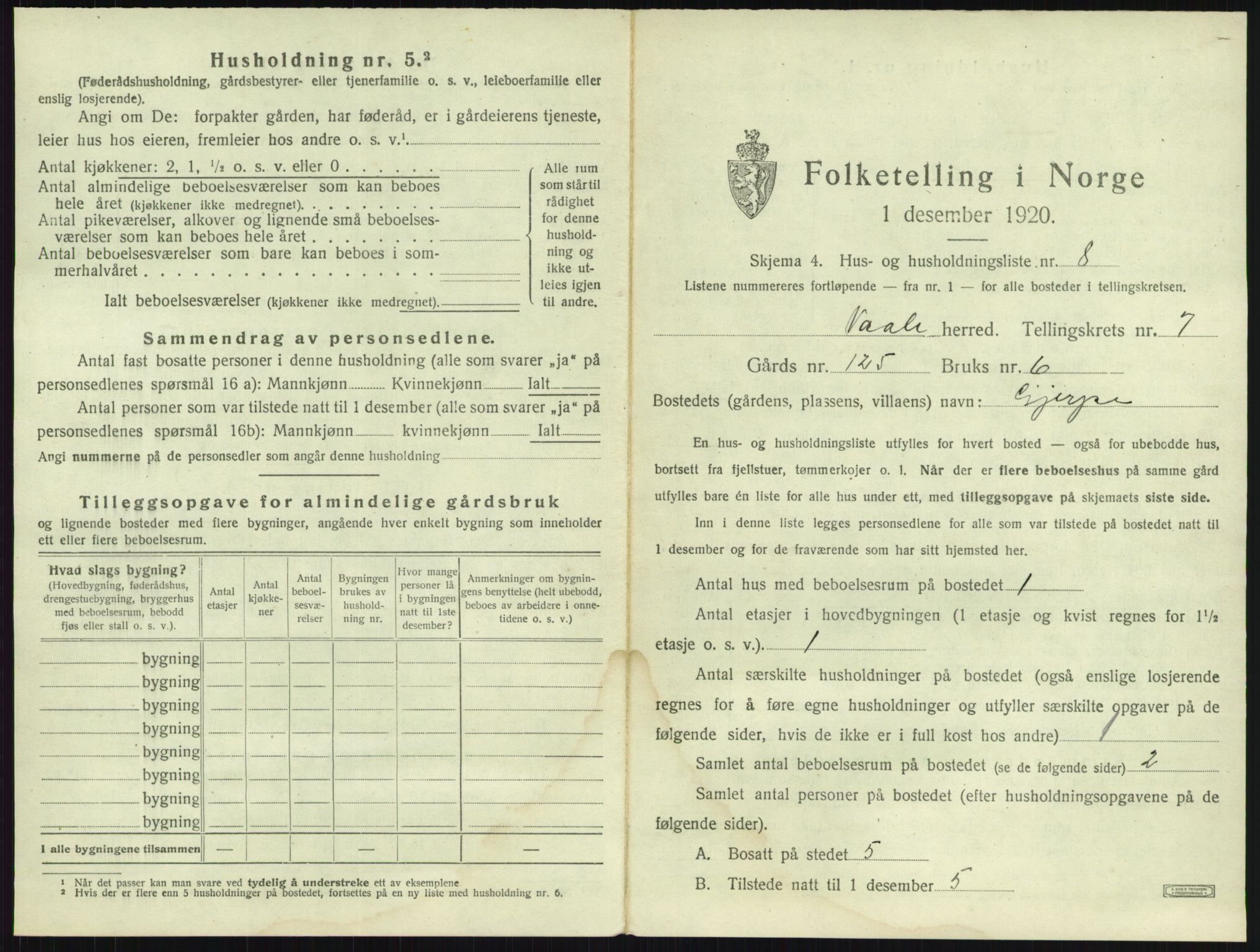 SAKO, 1920 census for Våle, 1920, p. 871