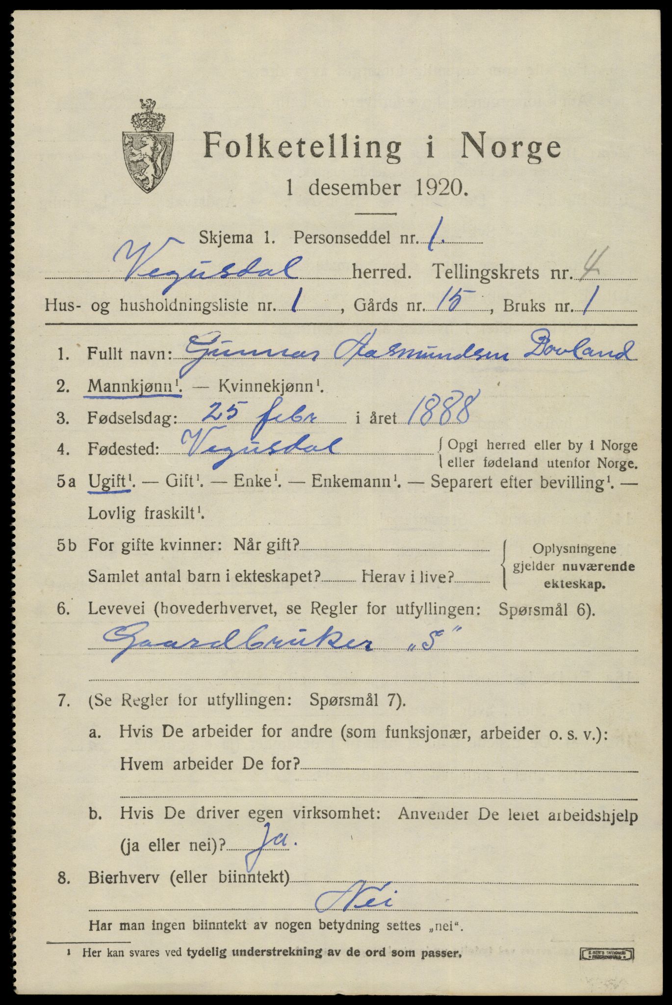 SAK, 1920 census for Vegusdal, 1920, p. 1061