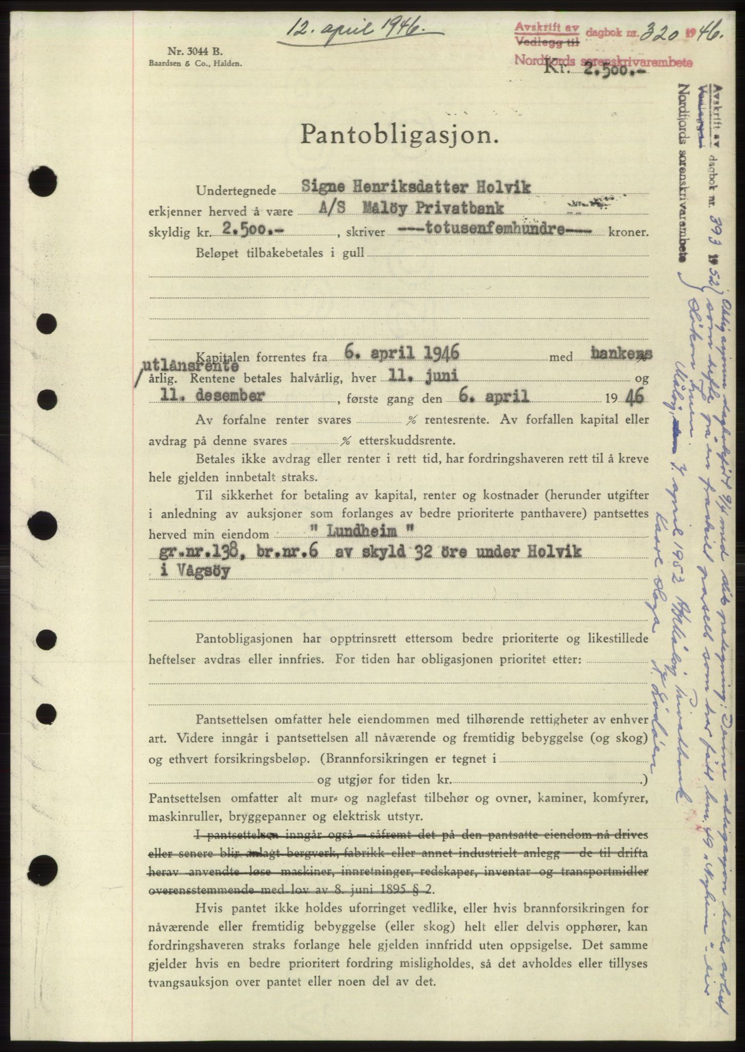 Nordfjord sorenskriveri, AV/SAB-A-2801/02/02b/02bk/L0005: Mortgage book no. B7-8, 1946-1947, Diary no: : 320/1946