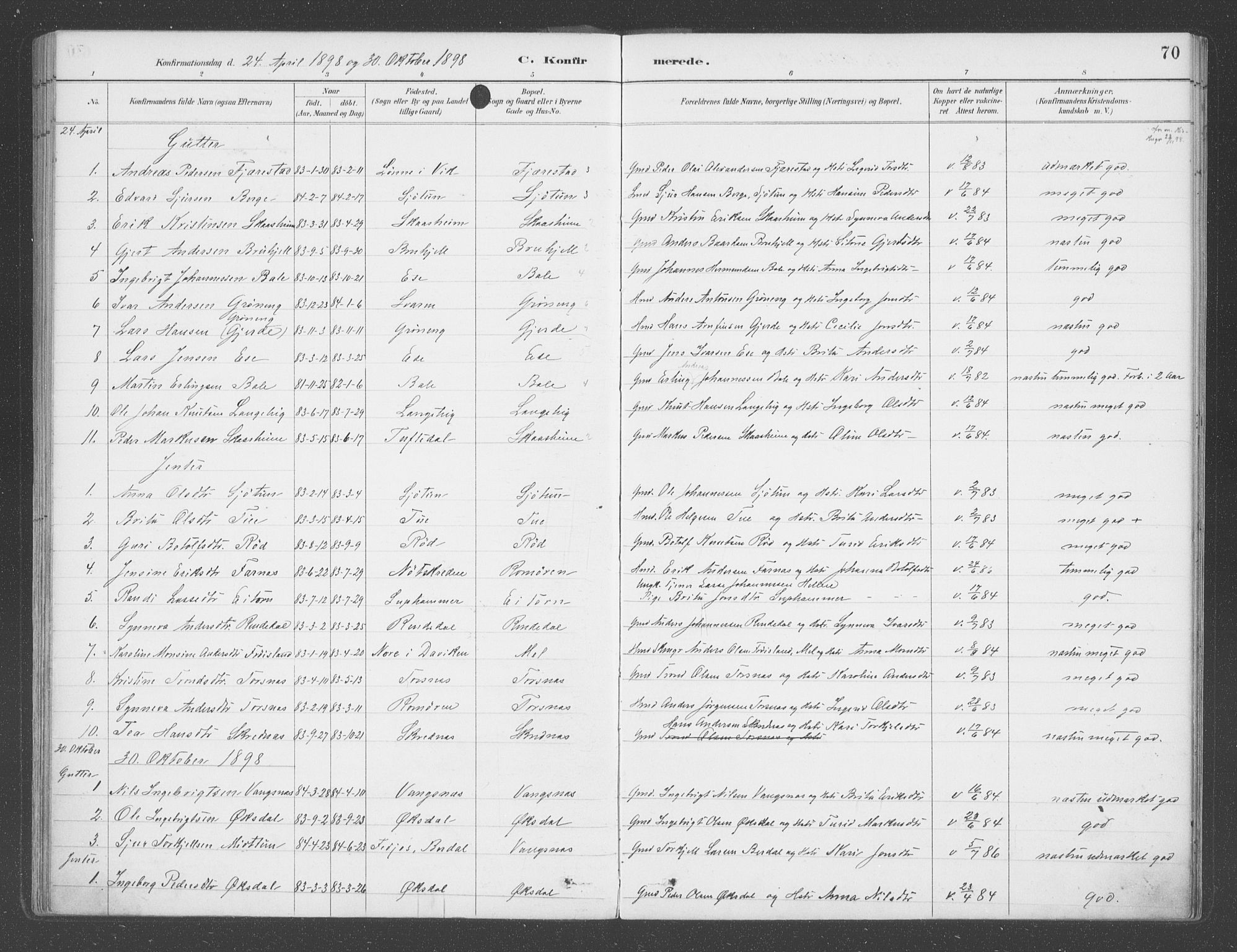 Balestrand sokneprestembete, AV/SAB-A-79601/H/Haa/Haab/L0001: Parish register (official) no. B  1, 1889-1910, p. 70