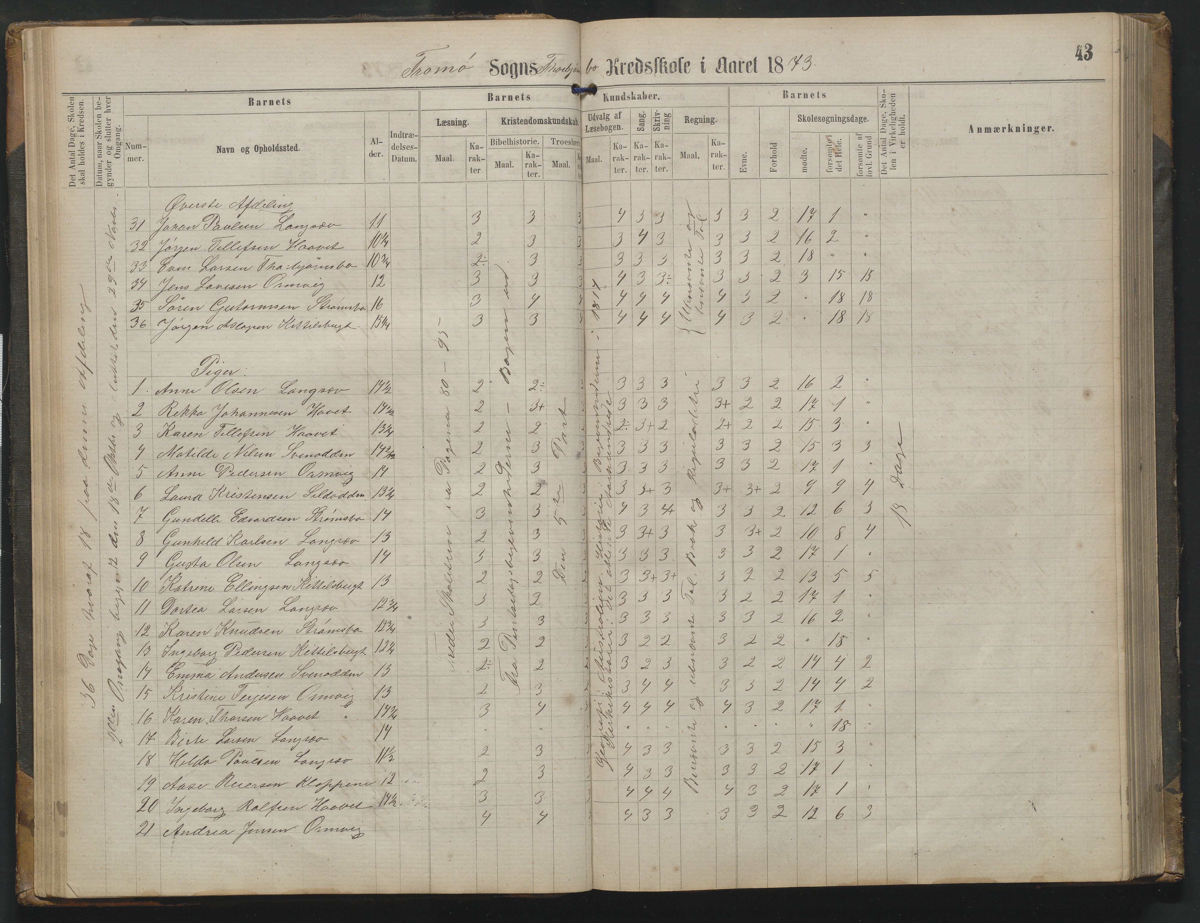 Arendal kommune, Katalog I, AAKS/KA0906-PK-I/07/L0342: Protokoll Torbjørnsbu skole, 1869-1890, p. 43