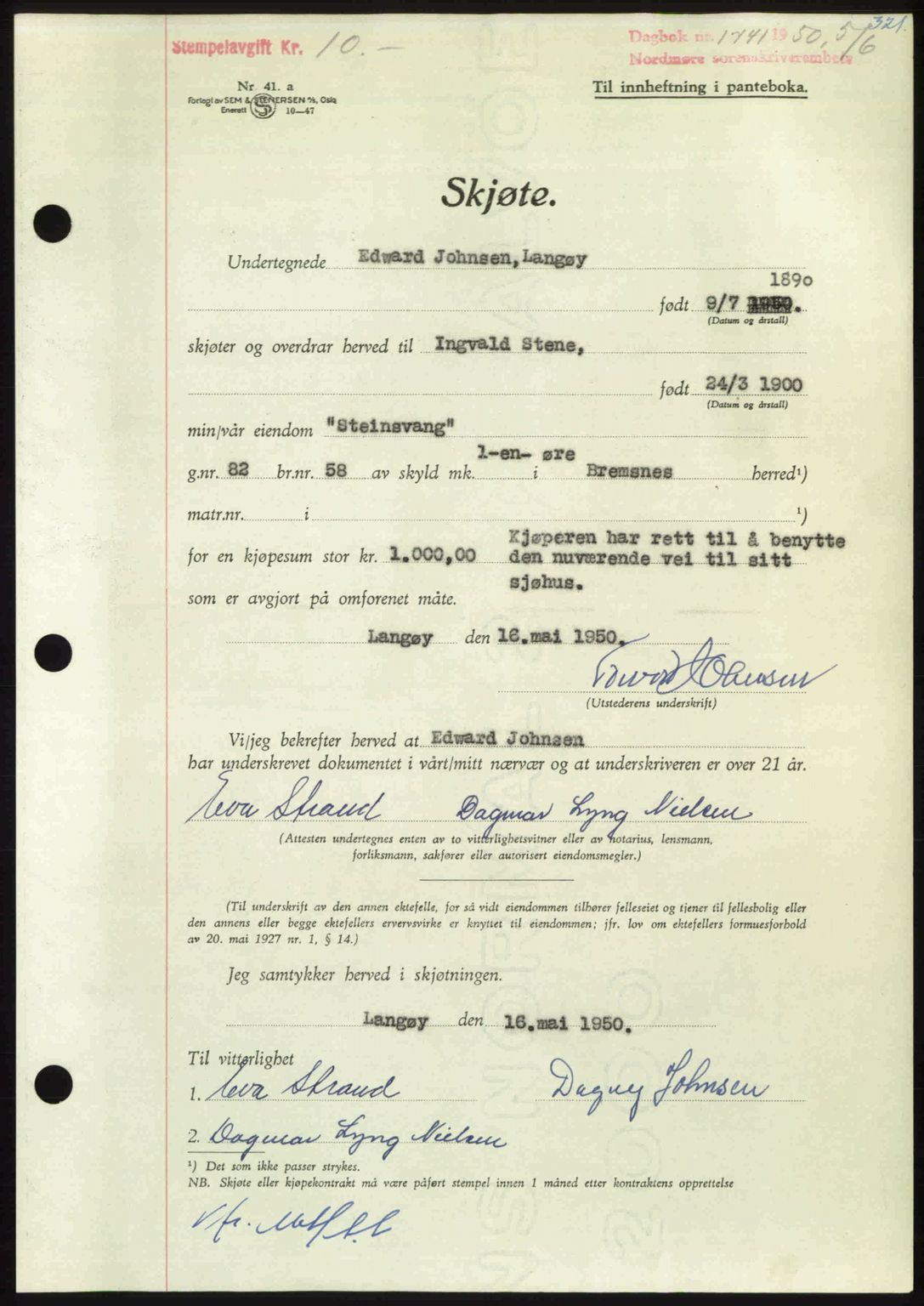 Nordmøre sorenskriveri, AV/SAT-A-4132/1/2/2Ca: Mortgage book no. A115, 1950-1950, Diary no: : 1741/1950