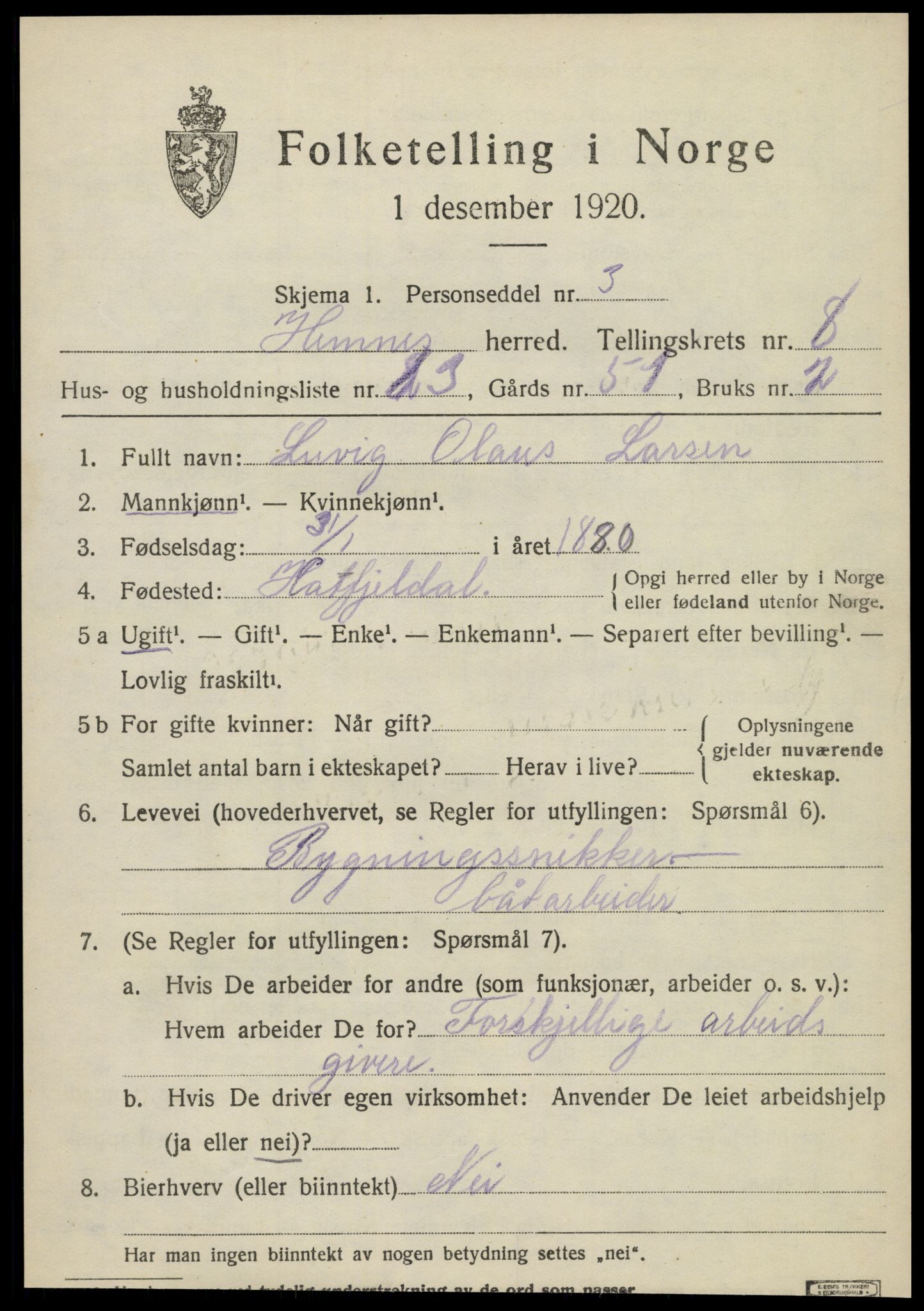 SAT, 1920 census for Hemnes, 1920, p. 8328