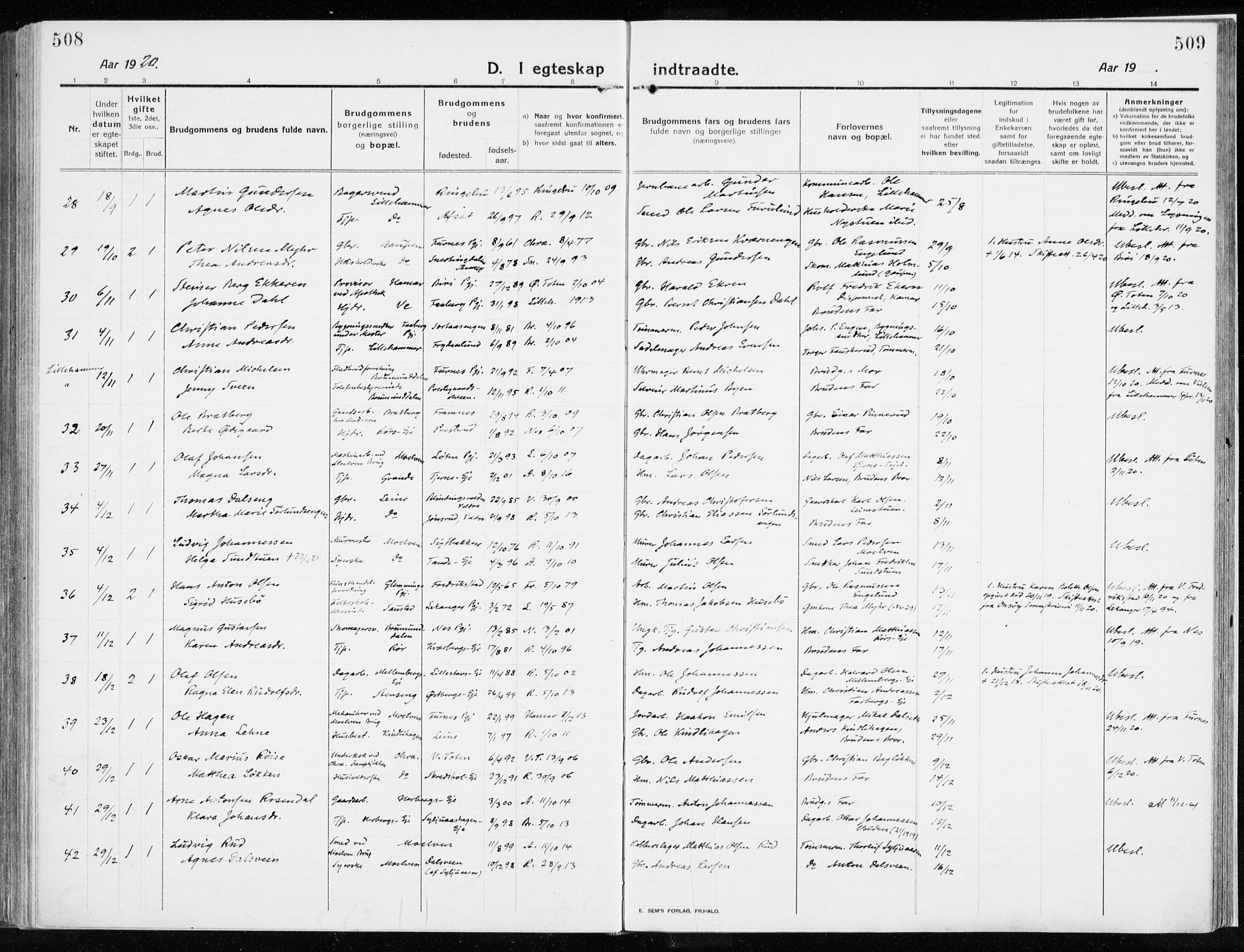 Ringsaker prestekontor, AV/SAH-PREST-014/K/Ka/L0020: Parish register (official) no. 20, 1913-1922, p. 508-509