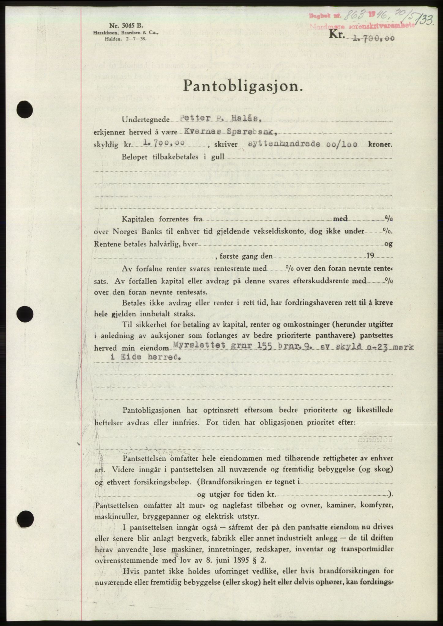 Nordmøre sorenskriveri, AV/SAT-A-4132/1/2/2Ca: Mortgage book no. B94, 1946-1946, Diary no: : 863/1946