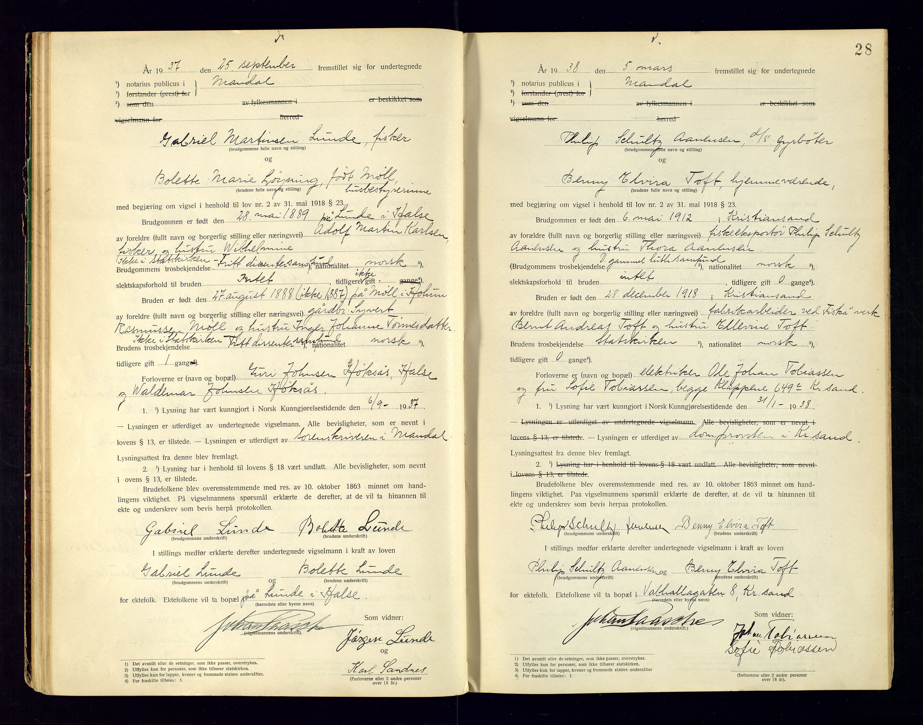 Mandal sorenskriveri, AV/SAK-1221-0005/001/L/Ld/L0001: Vigselbok nr 1, 1920-1943, p. 28