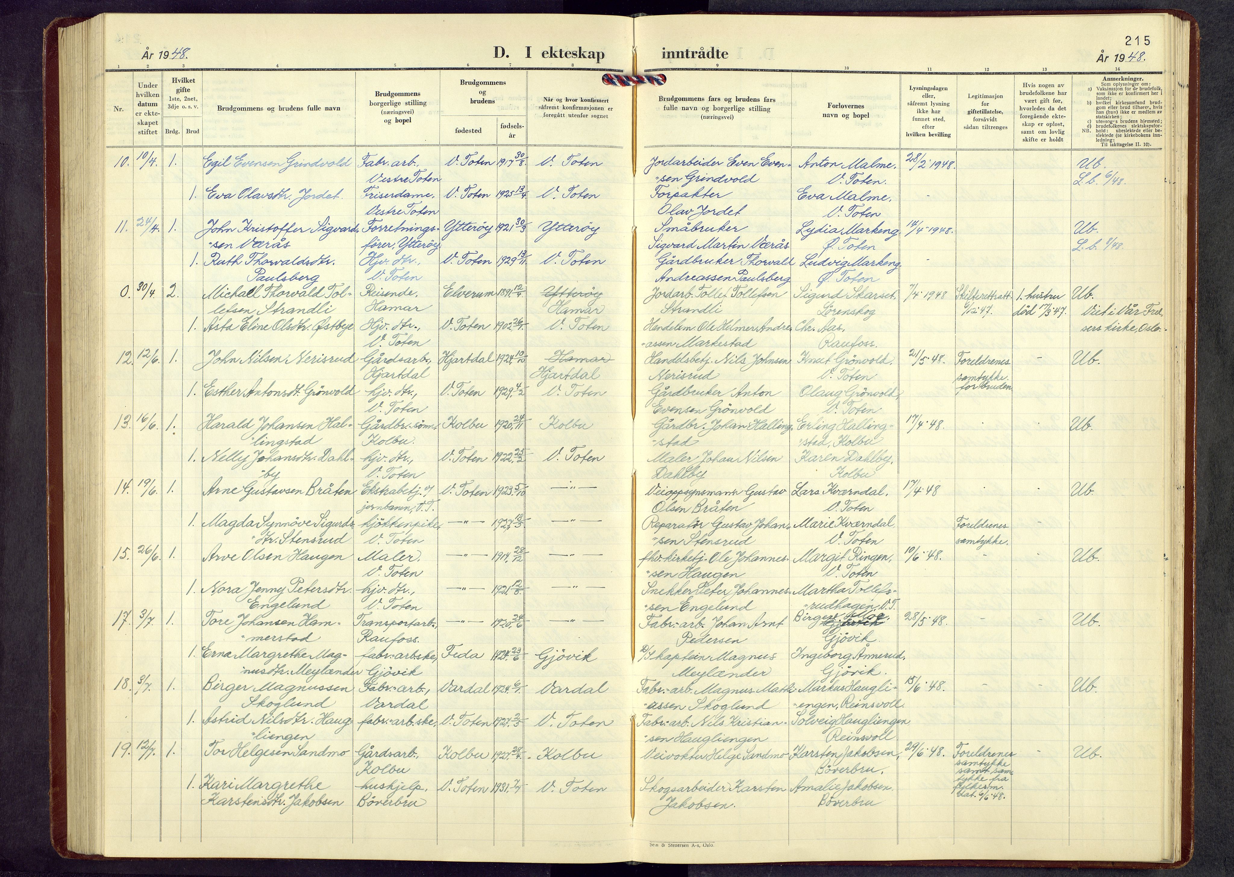 Vestre Toten prestekontor, AV/SAH-PREST-108/H/Ha/Hab/L0017: Parish register (copy) no. 17, 1947-1969, p. 215