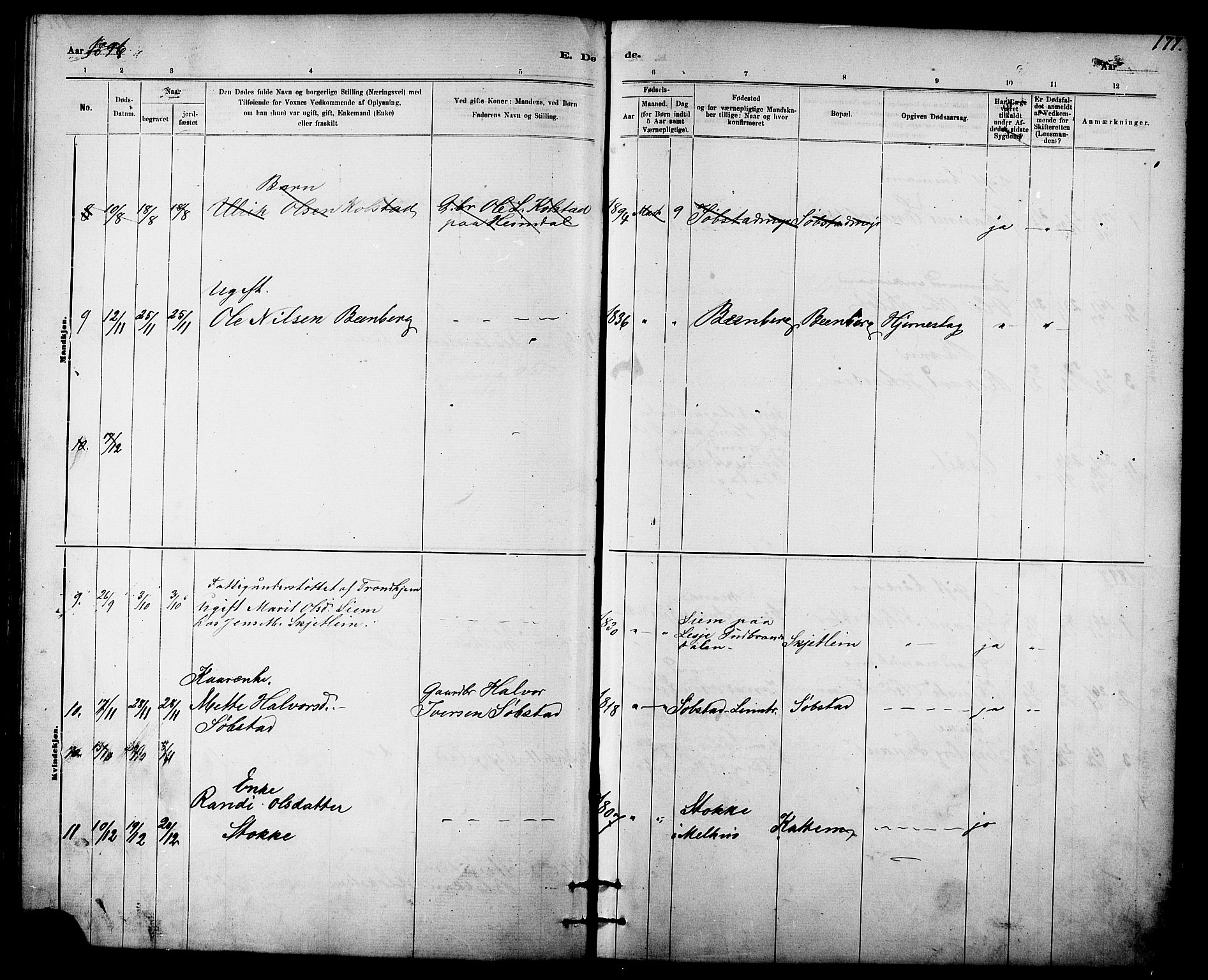 Ministerialprotokoller, klokkerbøker og fødselsregistre - Sør-Trøndelag, SAT/A-1456/613/L0395: Parish register (copy) no. 613C03, 1887-1909, p. 177