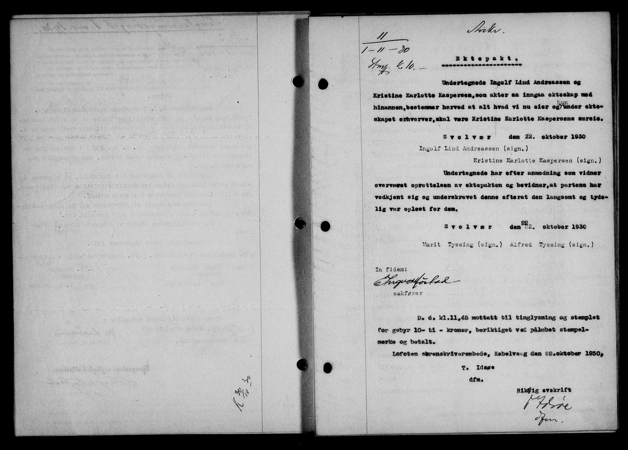 Lofoten sorenskriveri, SAT/A-0017/1/2/2C/L0022b: Mortgage book no. 22b, 1930-1930, Deed date: 01.11.1930