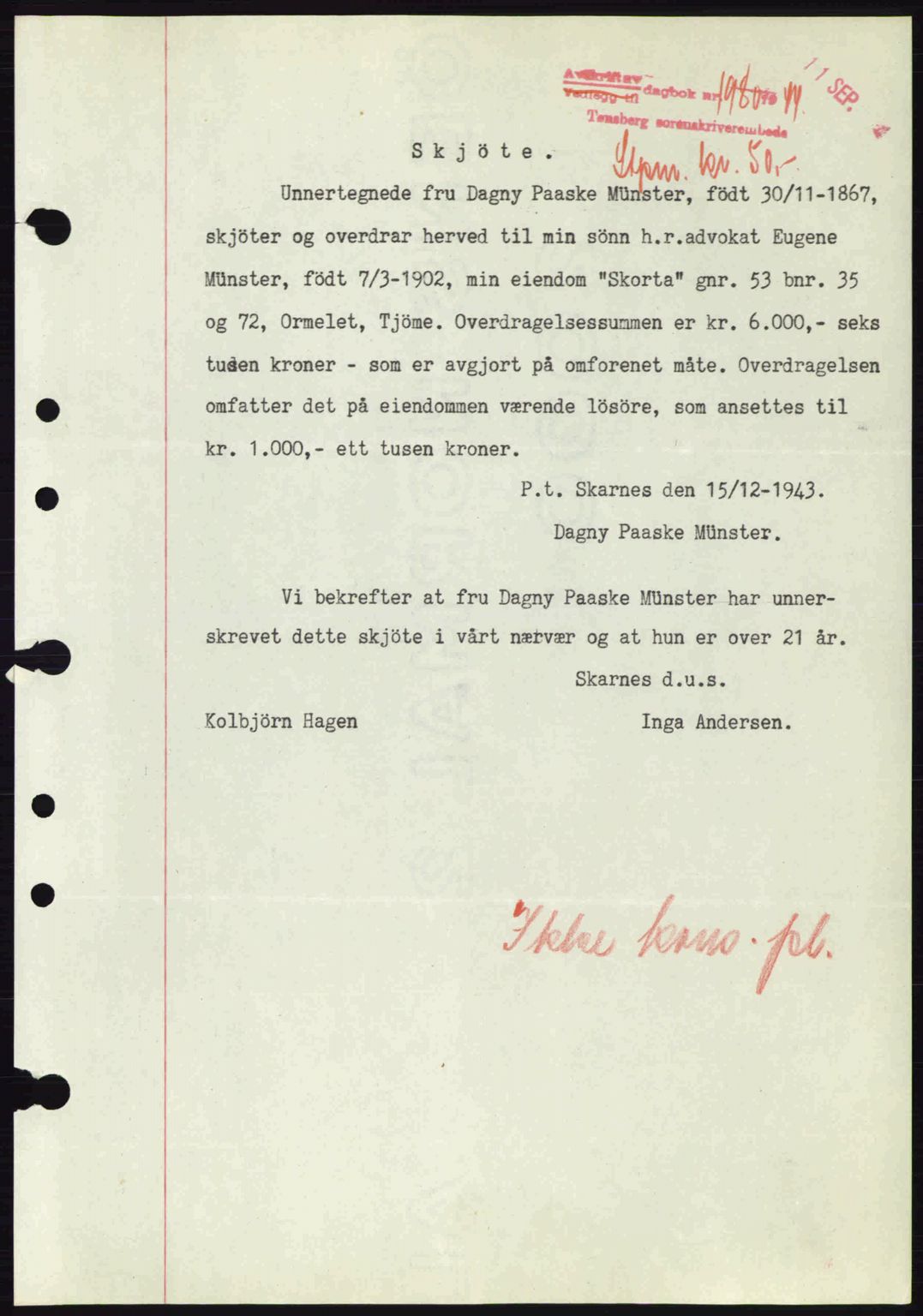 Tønsberg sorenskriveri, AV/SAKO-A-130/G/Ga/Gaa/L0016: Mortgage book no. A16, 1944-1945, Diary no: : 1980/1944