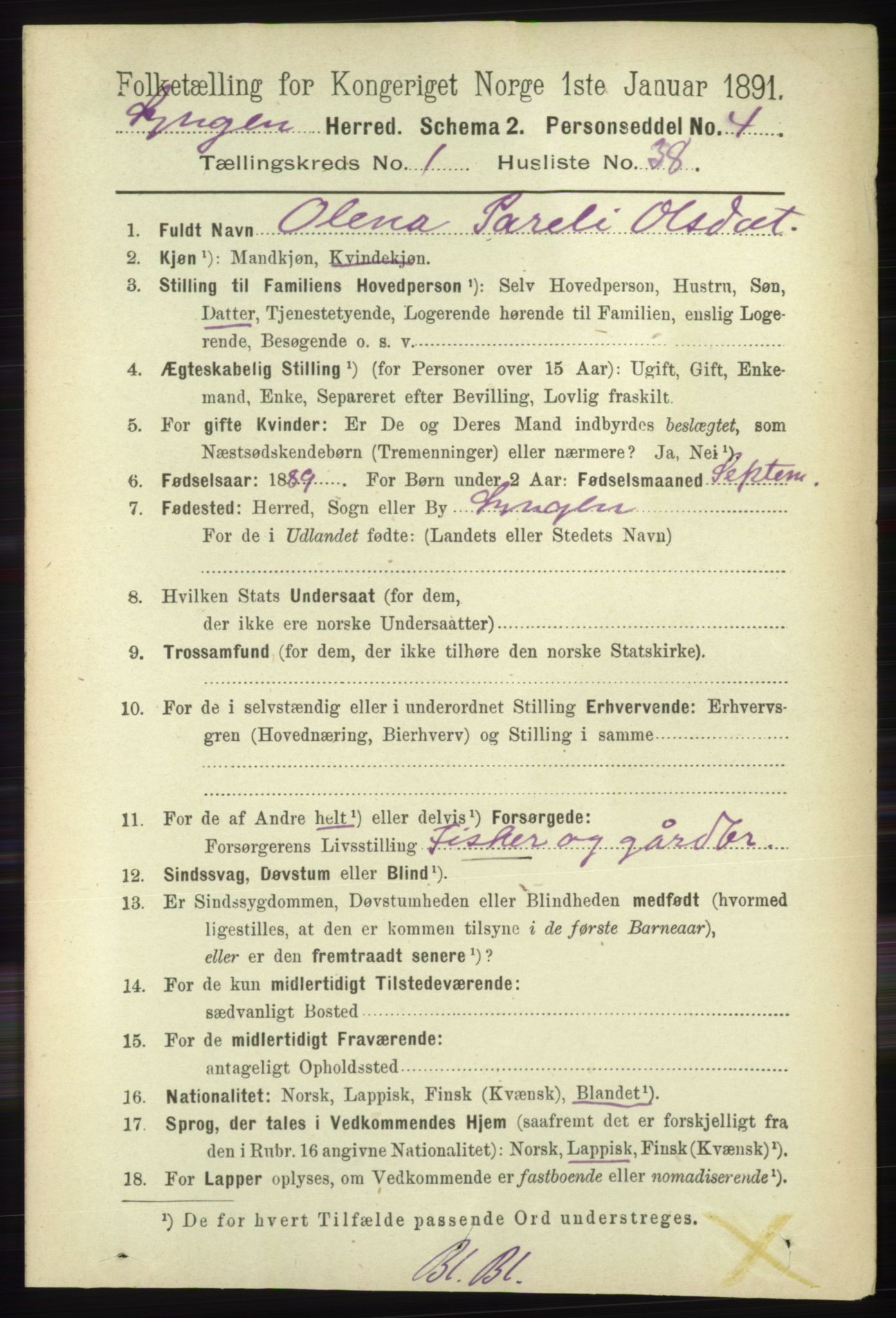 RA, 1891 census for 1938 Lyngen, 1891, p. 532