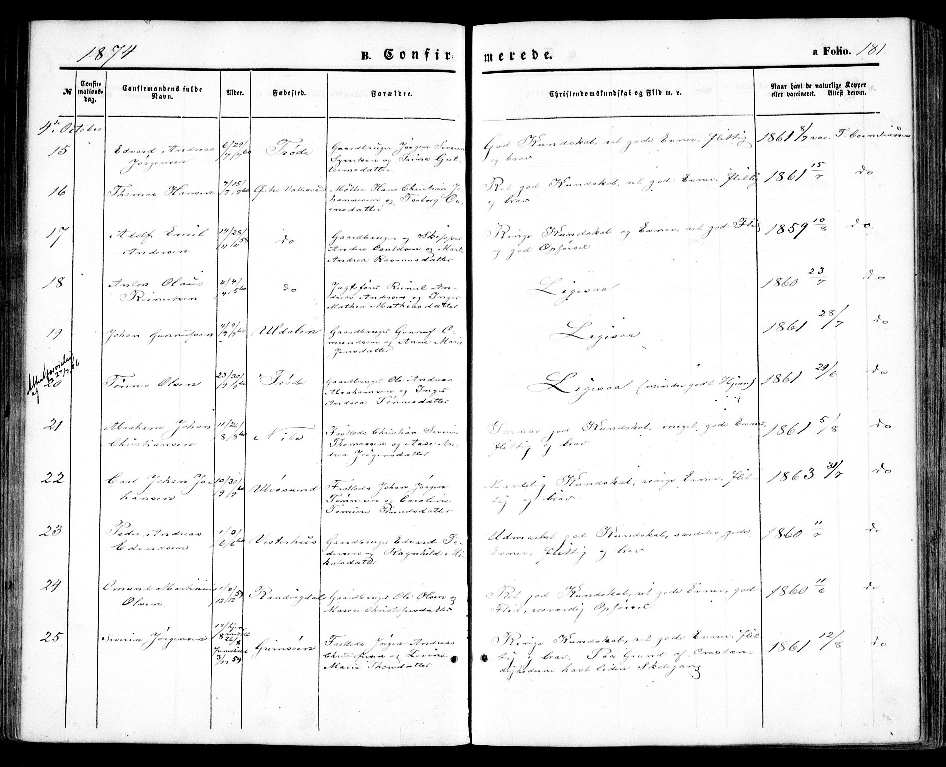 Høvåg sokneprestkontor, SAK/1111-0025/F/Fa/L0004: Parish register (official) no. A 4, 1859-1877, p. 181