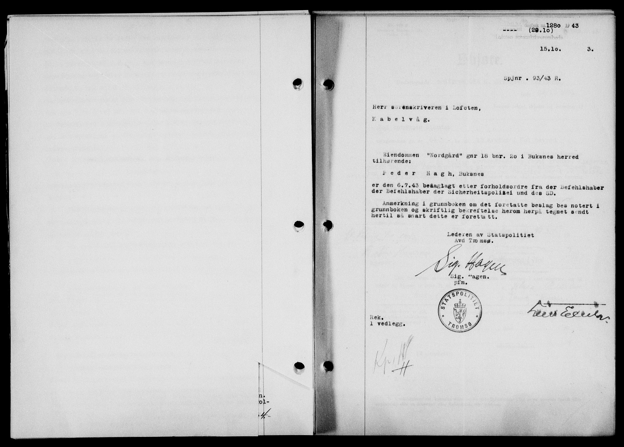 Lofoten sorenskriveri, SAT/A-0017/1/2/2C/L0011a: Mortgage book no. 11a, 1943-1943, Diary no: : 1280/1943