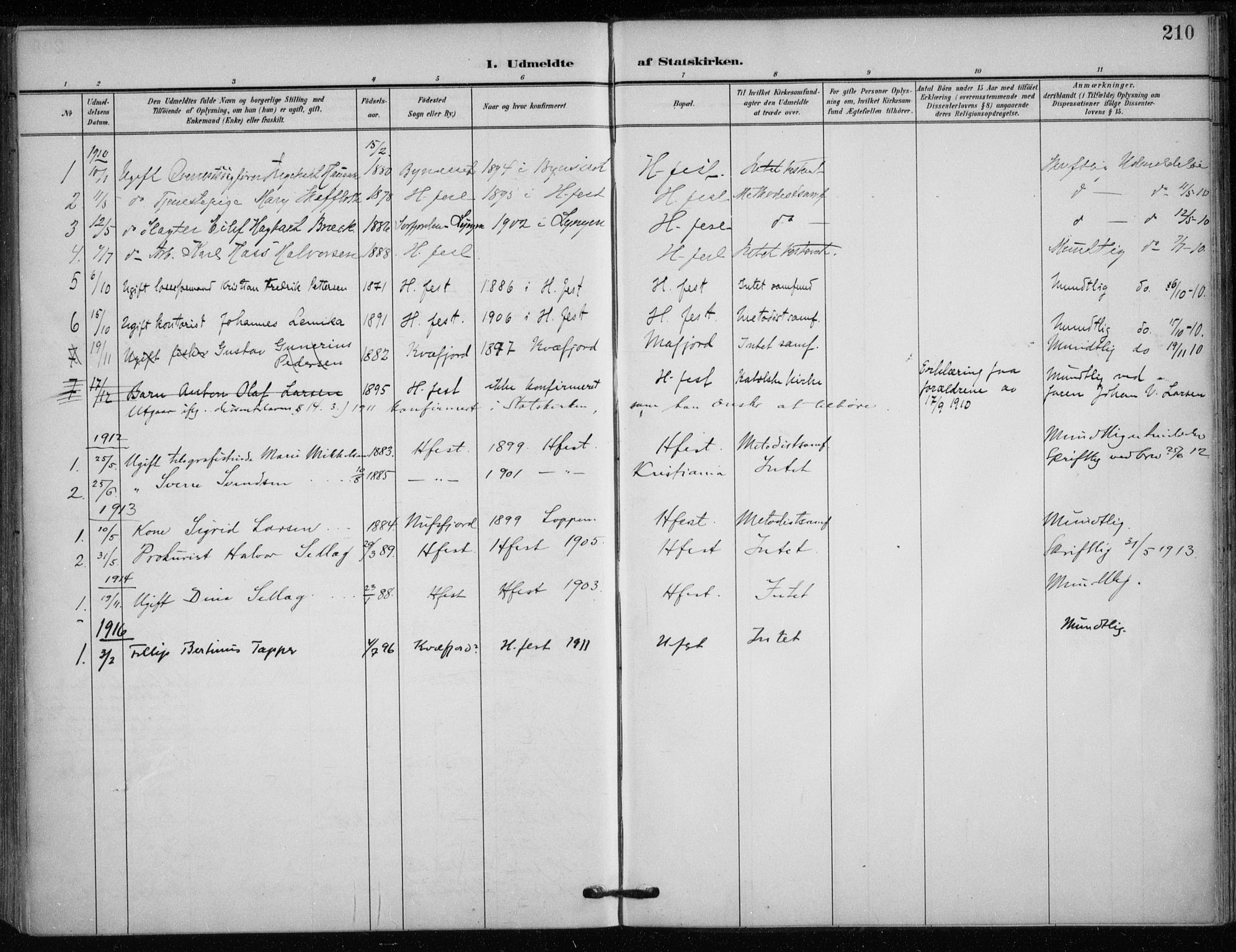 Hammerfest sokneprestkontor, AV/SATØ-S-1347/H/Ha/L0014.kirke: Parish register (official) no. 14, 1906-1916, p. 210