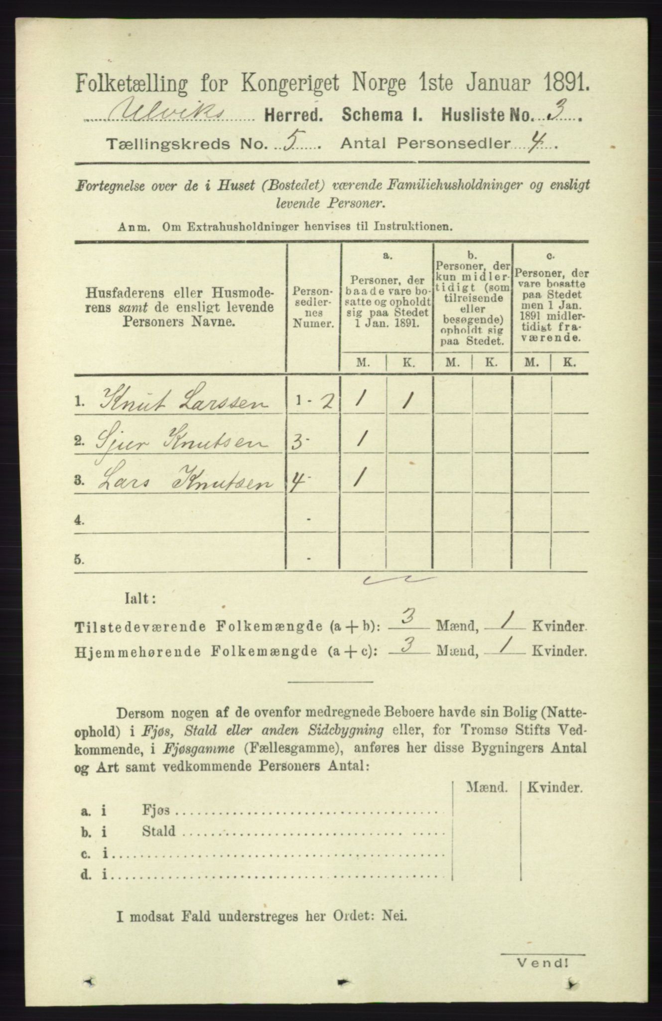 RA, 1891 census for 1233 Ulvik, 1891, p. 1325