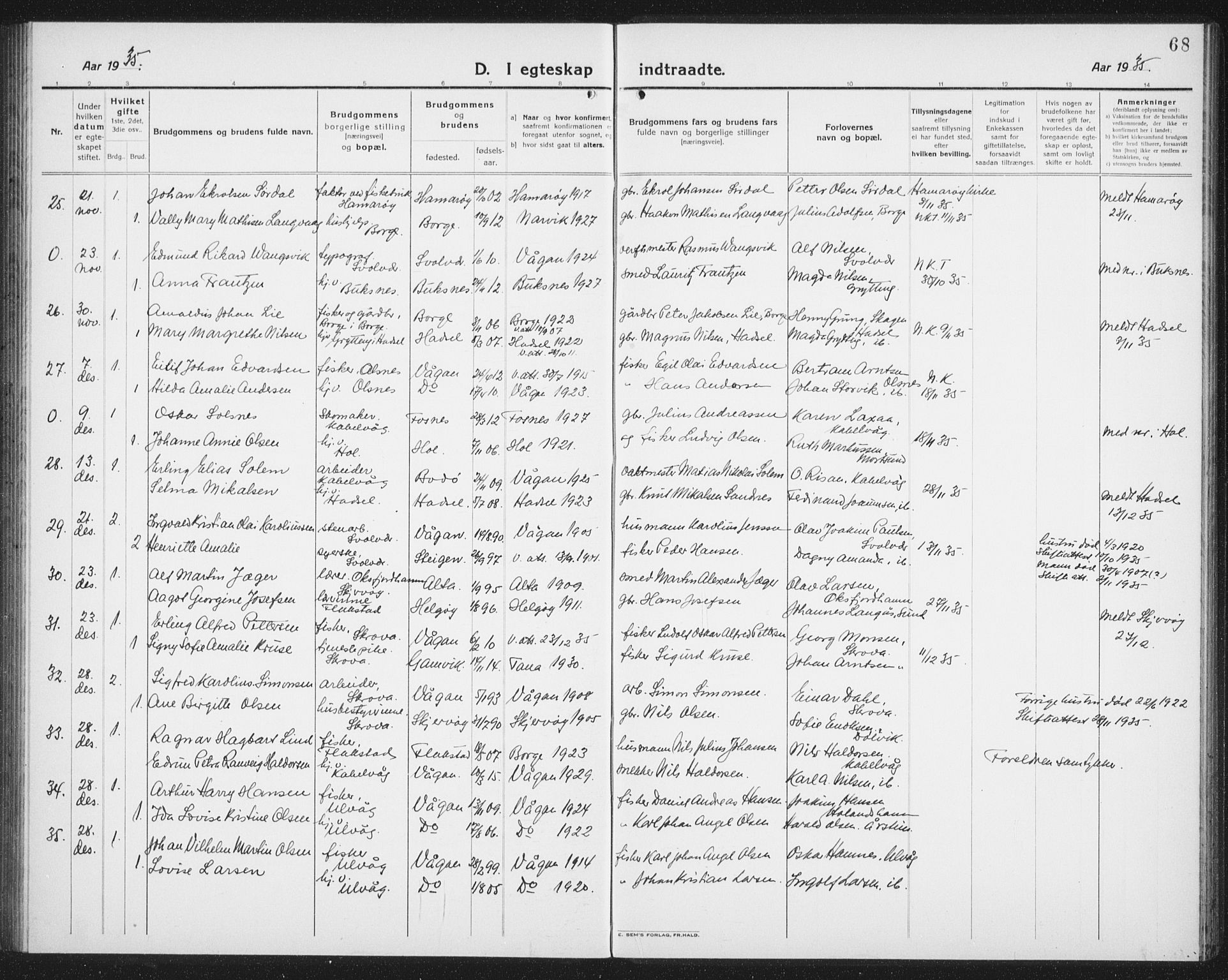 Ministerialprotokoller, klokkerbøker og fødselsregistre - Nordland, AV/SAT-A-1459/874/L1082: Parish register (copy) no. 874C11, 1920-1939, p. 68