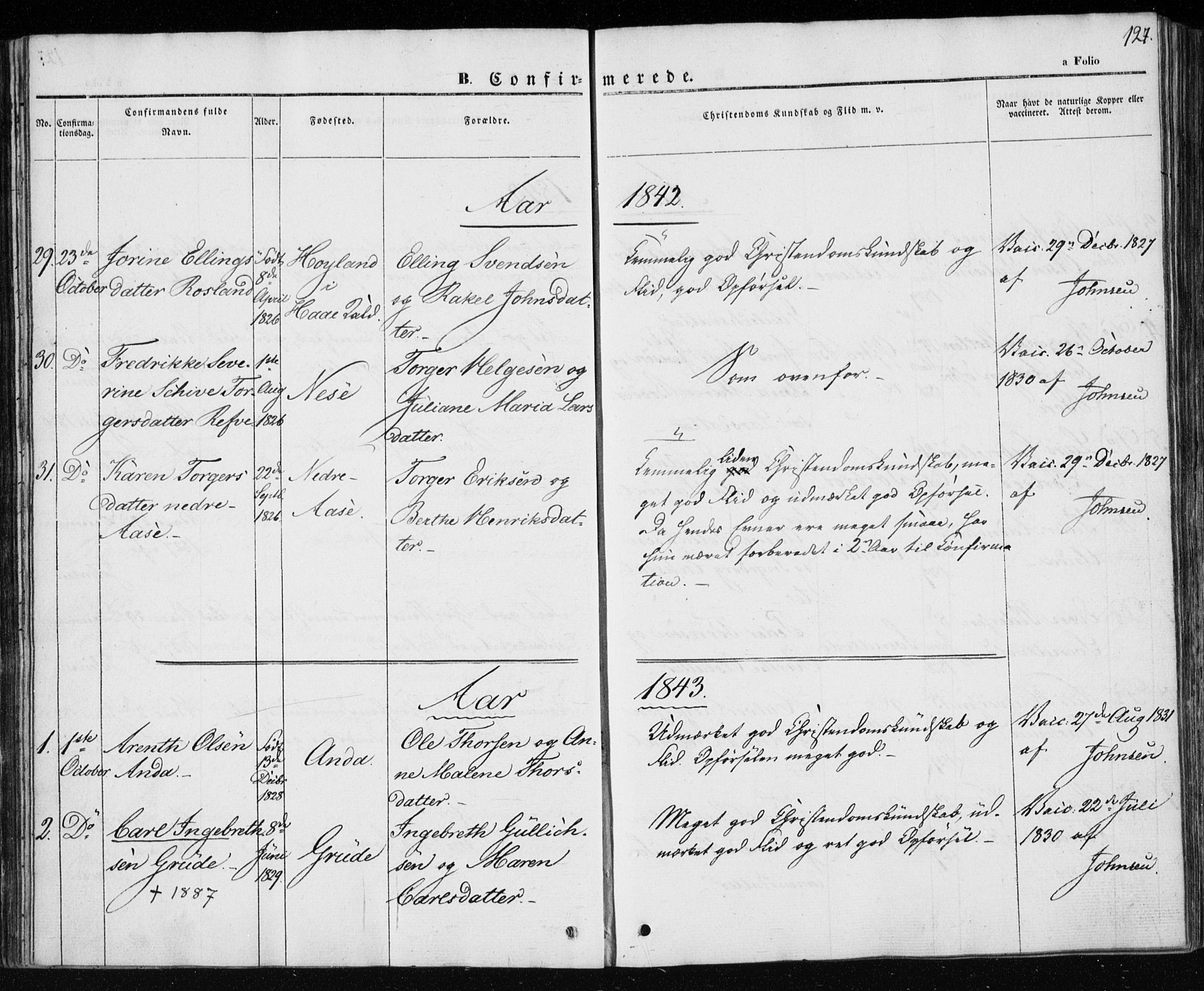 Klepp sokneprestkontor, SAST/A-101803/001/3/30BA/L0004: Parish register (official) no. A 4, 1842-1852, p. 127