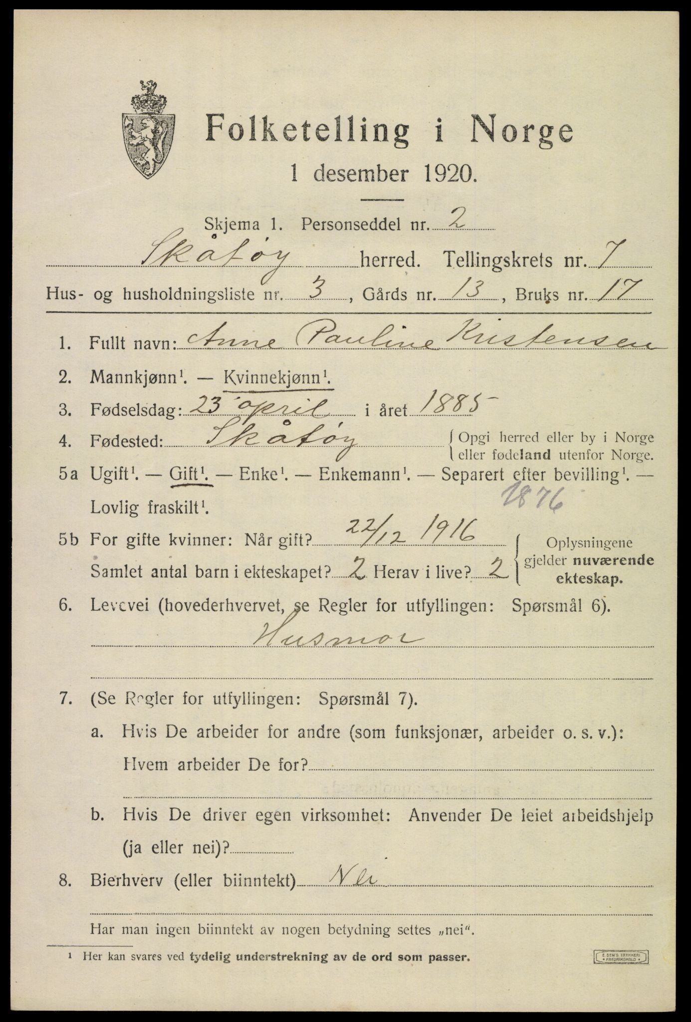 SAKO, 1920 census for Skåtøy, 1920, p. 5336