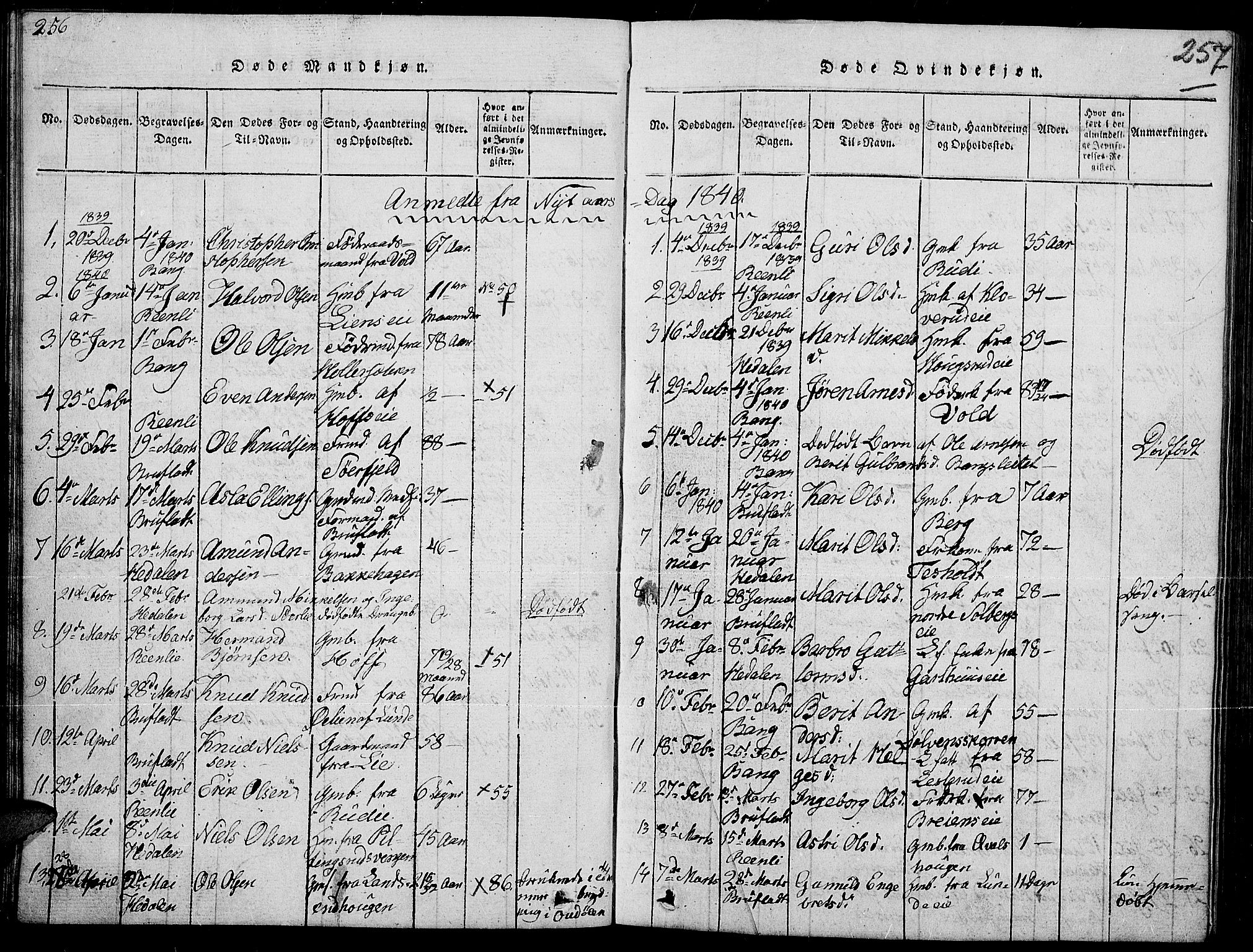 Sør-Aurdal prestekontor, SAH/PREST-128/H/Ha/Hab/L0002: Parish register (copy) no. 2, 1826-1840, p. 256-257